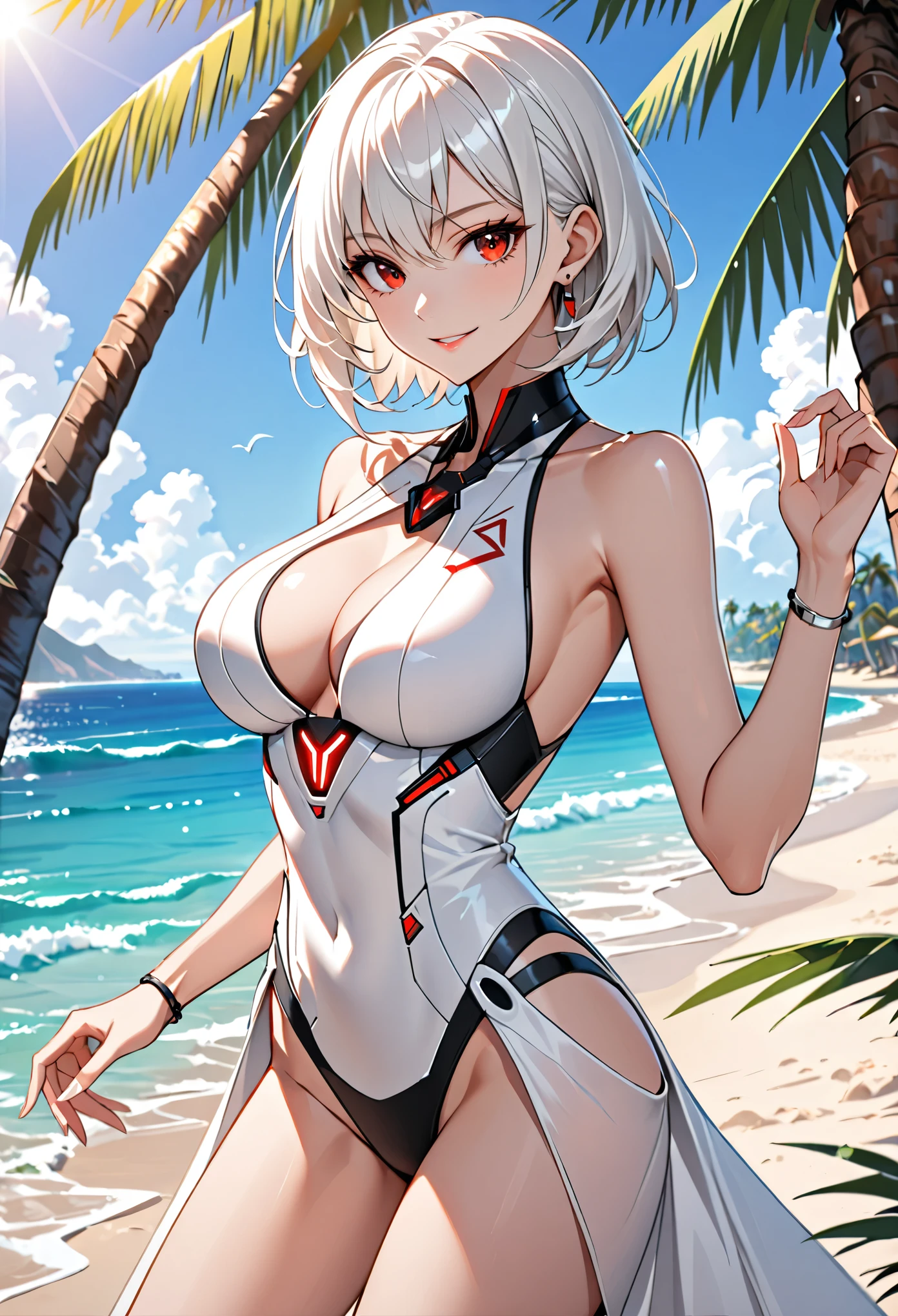 solo female, short white hair, red eyes, large breasts, female ceo, futuristic, simple elegance, elegant clothes, beach, swimsuit, sunny, small smile, palm tree, jewelry