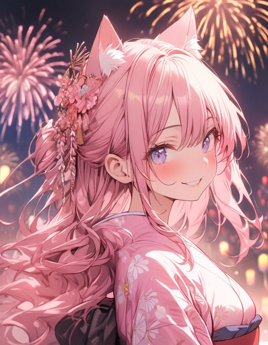 Masterpiece, girl, pink hair, long hair, cat ears, smile, pink yukata, bright, (((lots of fireworks))), upper body

