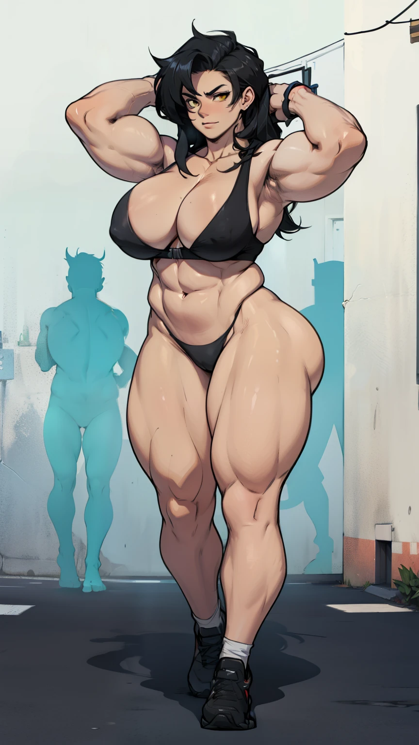 girl huge muscles breasts huge thighs breasts black hair yellow eyes pale full body