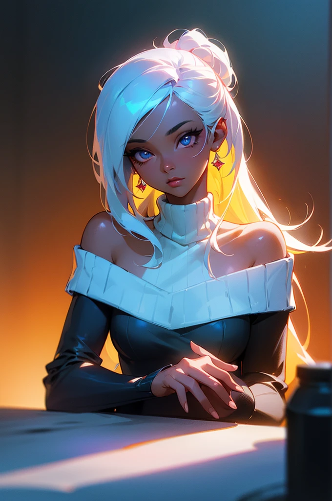Upper body shot, ((beautiful woman with flawless dark skin)), long hair with glow electric colors, ebony nose, clearly defined  features, big detailed eyes, ((( wearing an off the shoulder sweater))) exterior of a well furnished home in the background, masterpiece, best high quality image,96k, uhd, depth of field, 1080P wallpaper, spotlight, character focus, high quality, insaneailed, ray tracing, octane render, UHD picture quality in the style of Amy Sol

