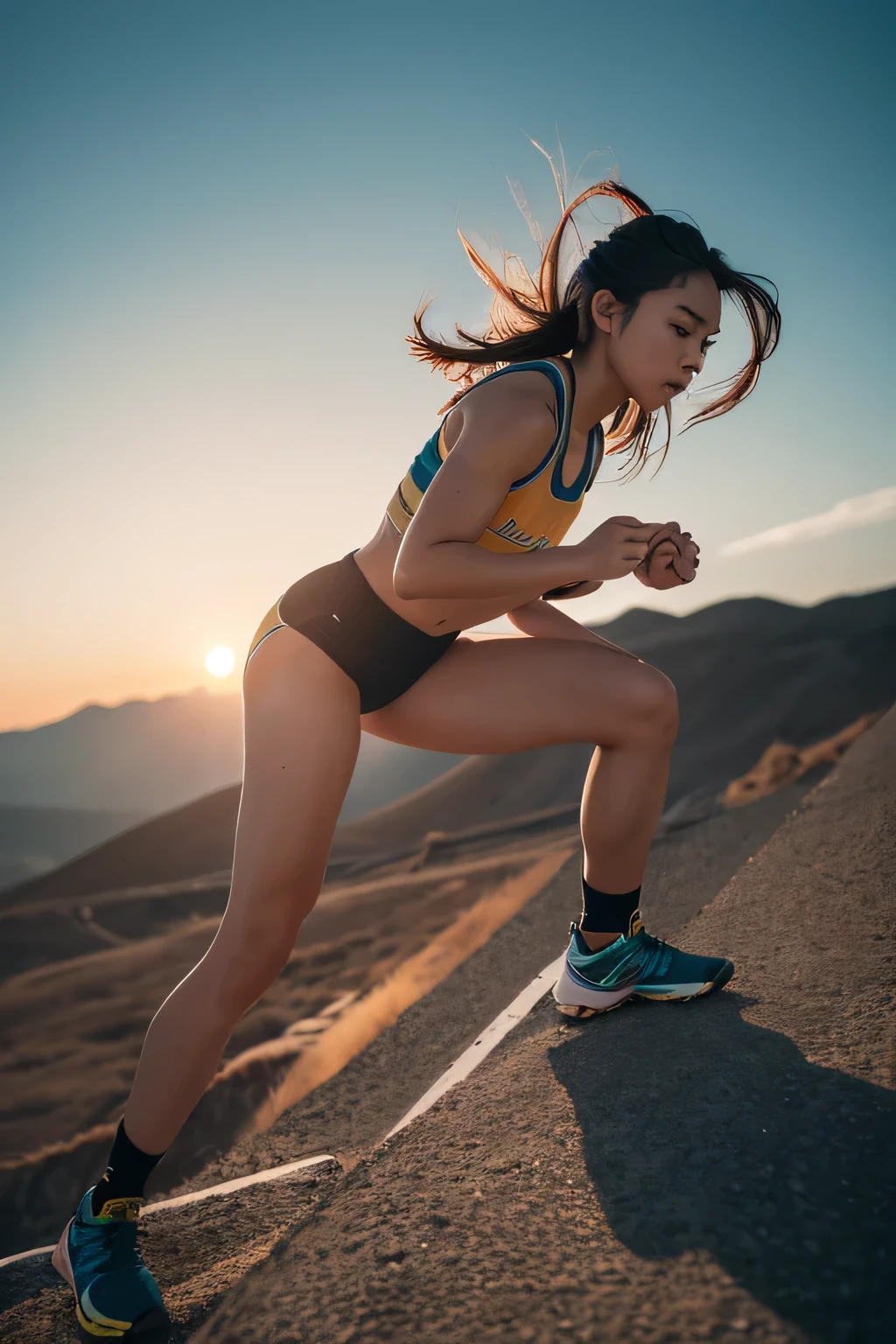 A dynamic and inspiring image of a determined athlete taking a small but resolute step forward, symbolizing the concept of small efforts leading to great success. The background features a gradient that transitions from a calm blue at the bottom, representing small steps, to a vibrant gold at the top, symbolizing ultimate success, creating a sense of progression and achievement. The athlete is in mid-motion, captured in a slightly low-angle shot to emphasize strength and ambition. Captured with a Canon EOS R5 full-frame mirrorless camera paired with a Zeiss Otus 85mm f/1.4 lens. The composition focuses on the athlete's foot in sharp detail, with a shallow depth of field that softly blurs the background. Mixed lighting enhances the athlete’s form and muscles. Shot in stunning 16K resolution, the image captures every detail, from the texture of the athlete's skin to the fibers of their sportswear. The color palette transitions smoothly, graded in the ACES color space for a vibrant and powerful effect. Meticulous attention is given to avoid any distractions, ensuring a crisp, motivational image. --ar 16:9 --v 6.0 --q 2 --s 1000