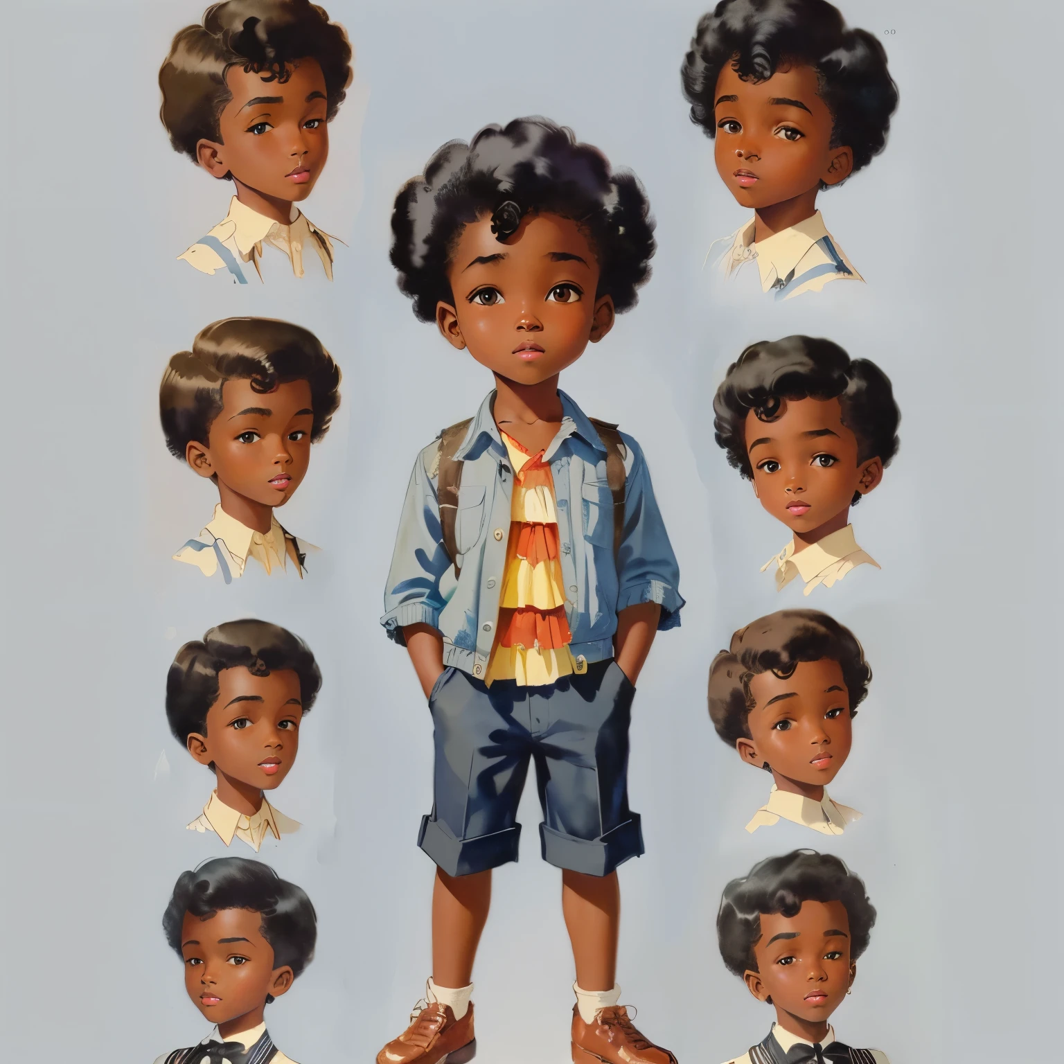 10 year old BLACK boy MAN BOY in all angles vintage, BOYno arguments Elvgren man depicting vintage watercolor vintage inspiration, black, high contrast shading, naturalistic proportions, use of fabric, large canvases, looking at viewer, 1940s vintage,