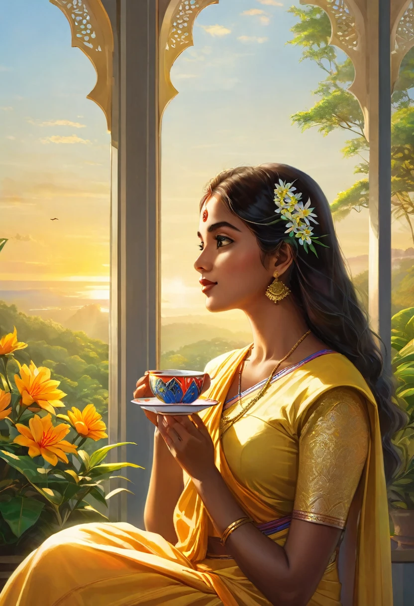 A serene painting, from imagination, captures a portrait of a young woman dressed in a colourful srilankan traditional costume, drinking tea from a delicate cup. She enjoys the view of vibrant flowers framed by a minimalist glass window, allowing the golden sunlight to filter through the strained glass and cast a gentle glow on her delicate features. The intricate details of the flowers and the woman's face are highlighted by this golden light. The backdrop reveals a harmonious blend of nature and modern architecture, with towering structures peeking through the greenery. The overall atmosphere evokes a sense of calm and unity between the natural world and the urban environment, which makes this picture a true work of art, painting, illustration and the beauty .