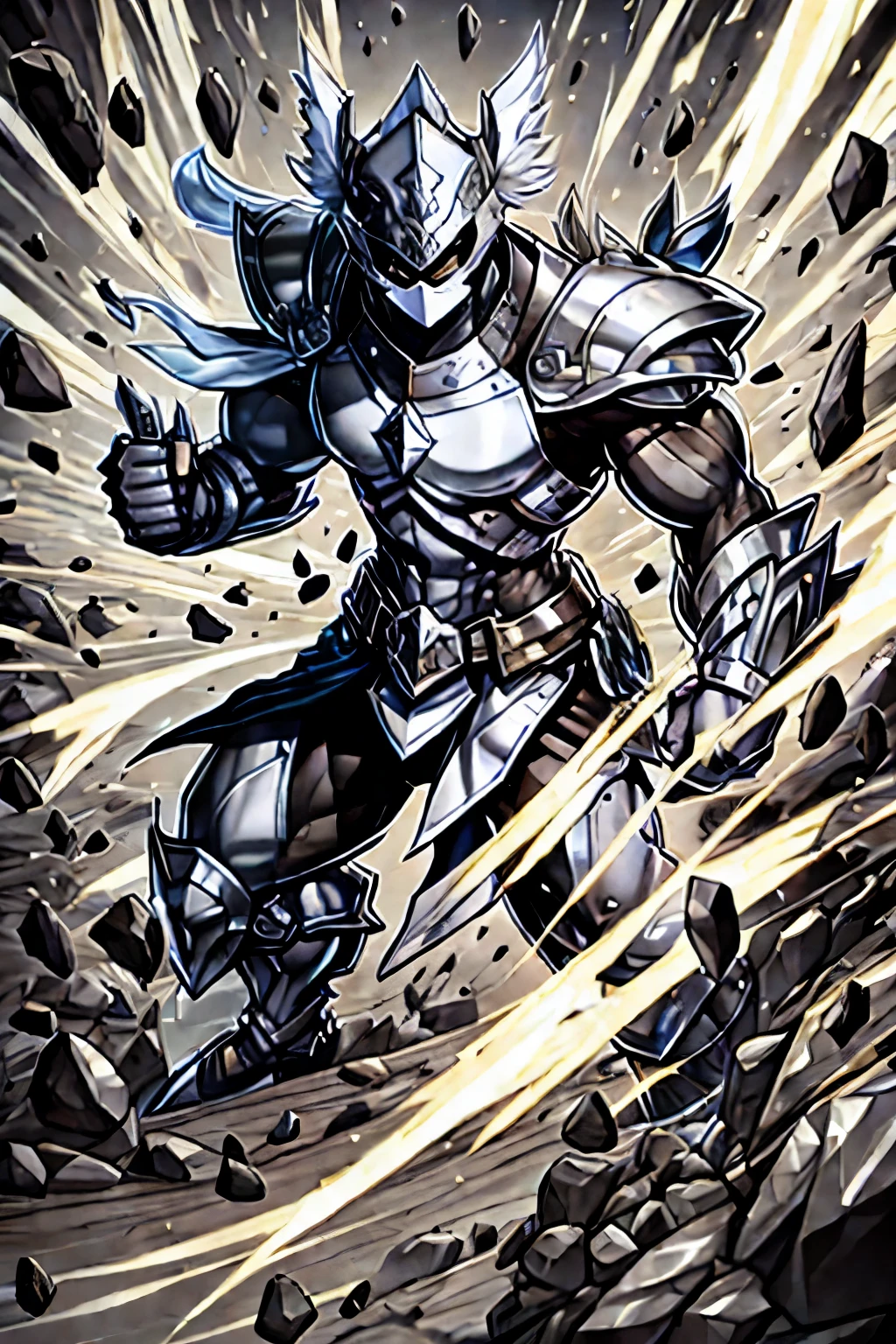 Silver male masked warrior overflowing power from rocks