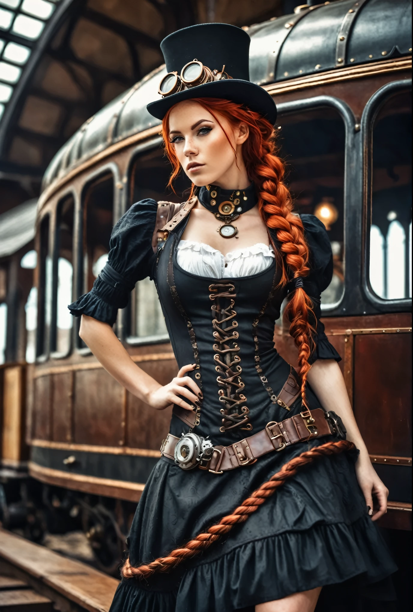 (realisitic:1.2), analog photo style, beautfull woman, posando, with freckles and long braided red hair, (steampunk dark fantasy atmosphere), soft natural light, cute and sexy, great quality, wears a cute Strampunk dress and looks at you, sala steampunk, work of art, detailed strange background, best performance, 16k quality, HDR, CRU photo, trem steampunk Station, trem steampunk
