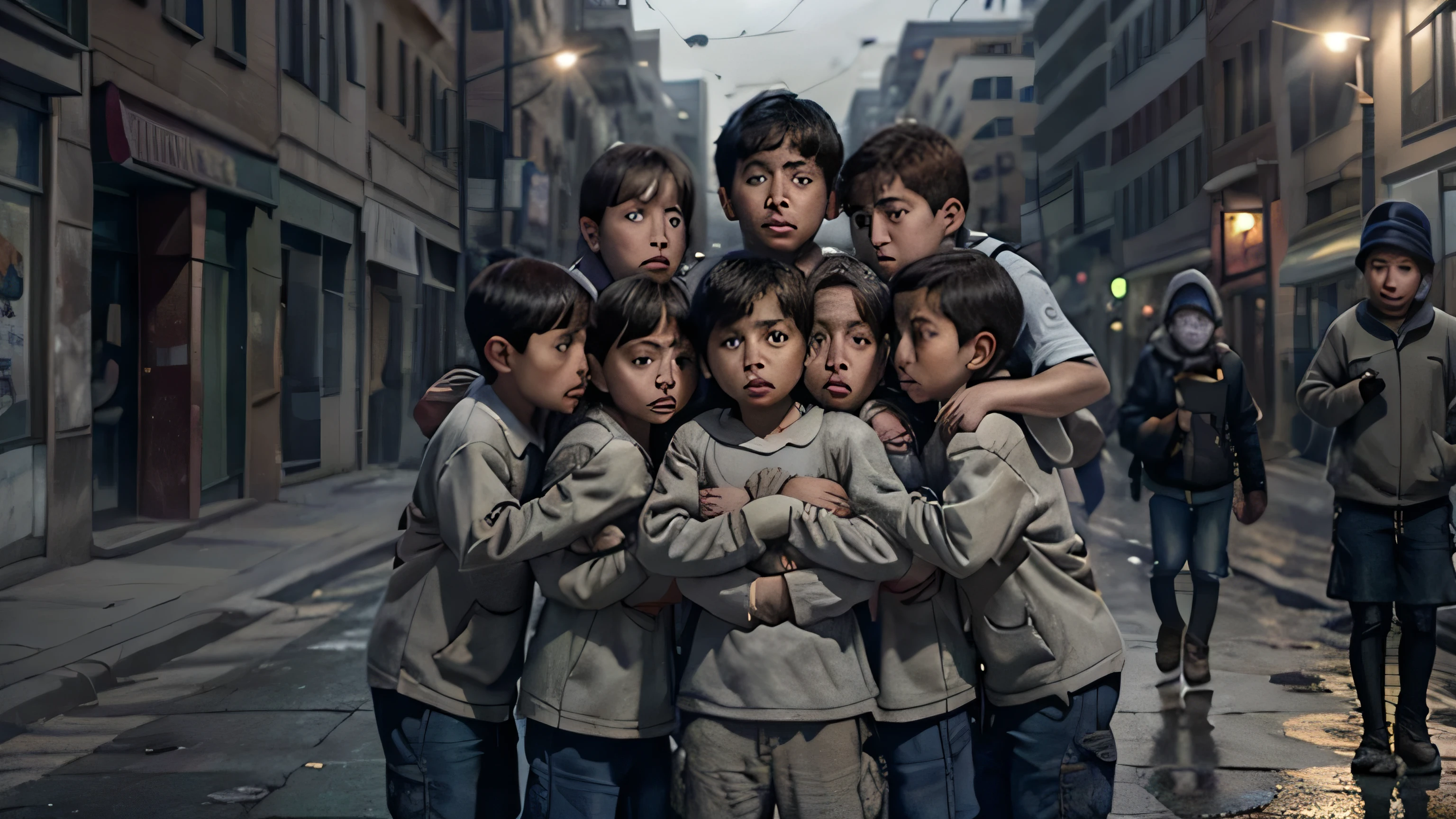 A moving scene unfolds on a gray, worn sidewalk. A group of orphaned , with sunken eyes from hunger and fatigue, huddle together in search of comfort. capturing the desolation of his surroundings. The intense overhead lighting accentuates the lines of their clean, young faces, while the busy city streets hum in the background.