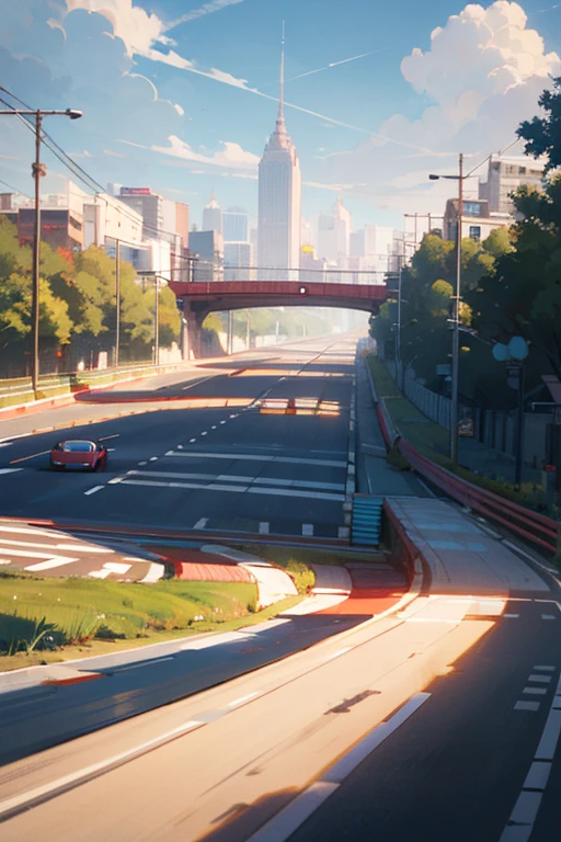 ((best quality)), ((masterpiece)), (detailed), view from hill looking trought city, sky as the background, background, city as backround, no character, scenery. alot of cars, traffic, road, ground perspective, looking at the back of a red racing car, in the middle as a vocal point. mood, vibe, afternoon, happy, warm tone. wide road, very wide road.