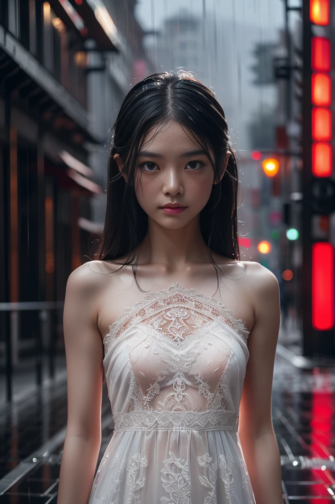 (topless:1.3),((Highest quality, 8k, lace maxi dress, Standing in the rain, Red Light District, Highly detailed face and skin texture, Detailed eyes, double eyelid.)