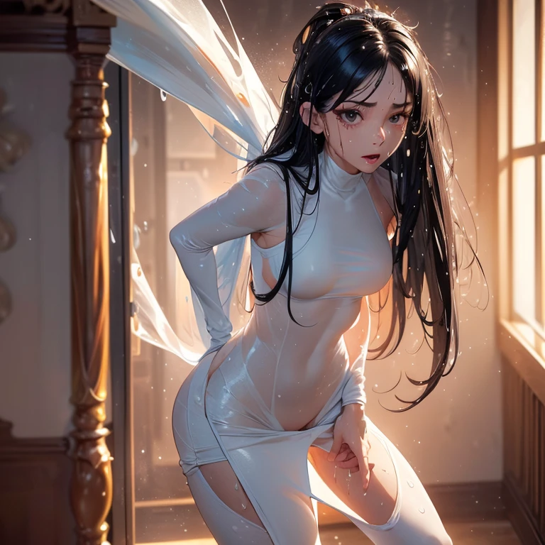 (artwork, highest quality, highest resolution, distinct_image, detailed details): (8K, 4K, best quality, High resolution: 1.2), artwork, Ultra-detailed, hyper details, cinematic Light, Alone, woman, long black hair, (Thin eyes, viewer, Light skin, White skin: 1.5), (Tight clothes : 1.5), perfect body, (Sweaty body: 1.8), perfect face, thin waist, full body, looking at viewer, detailed_background, full_body, Body Back pose, showing ass, room background, (hot, sexy: 2.1)