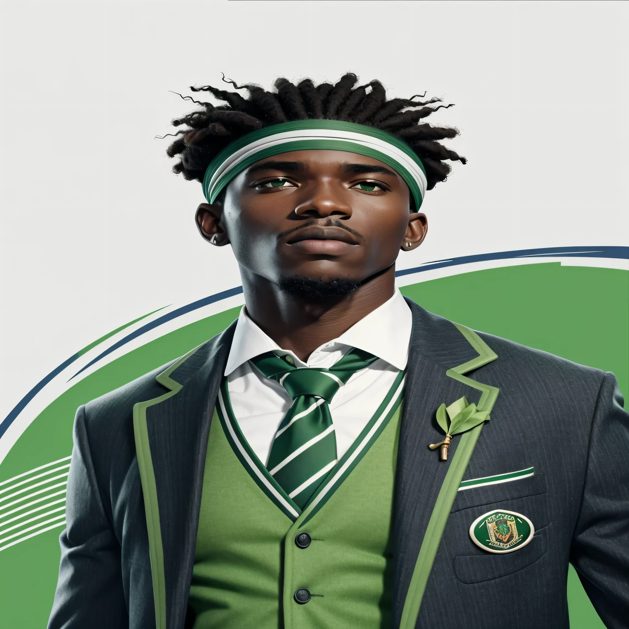 African male university with short dreads and a gym headband, wearing a university uniform with a dark green/grey-ish suit jacket with green elements and a green suit vest, a white shirt and a brownish tie.