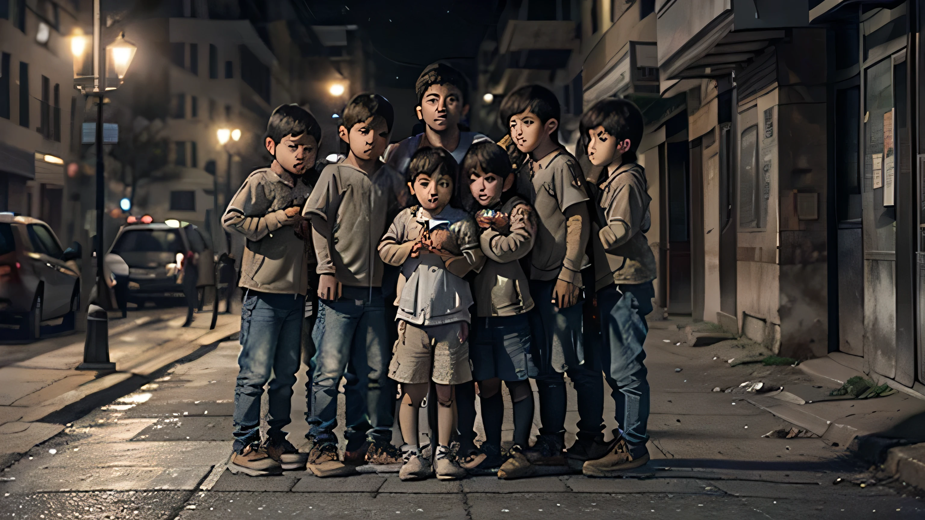 A moving scene unfolds on a gray, worn sidewalk. A group of orphaned children, with sunken eyes from hunger and fatigue, huddle together in search of comfort. capturing the desolation of his surroundings. The intense overhead lighting accentuates the lines of their clean, young faces, while the busy city streets hum in the background.