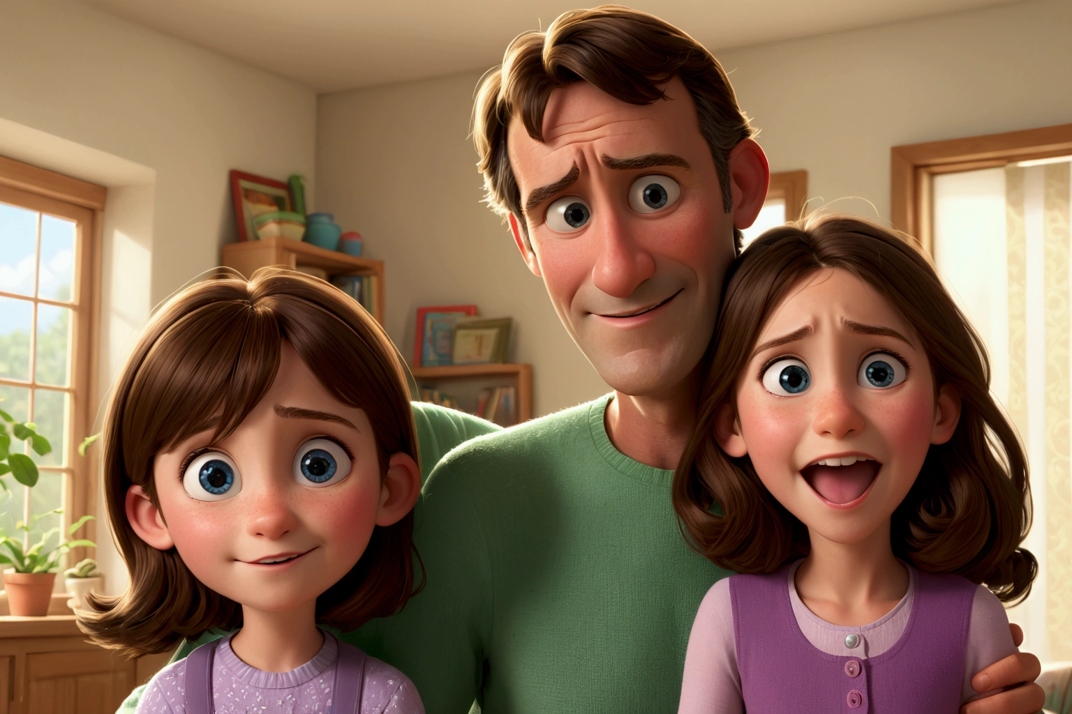 At home a happy family. 1-The mother covered head in front, 2- The father with the girl and a teenage girl behind. extremely detailed, full colors, saturated, sharp, pixar