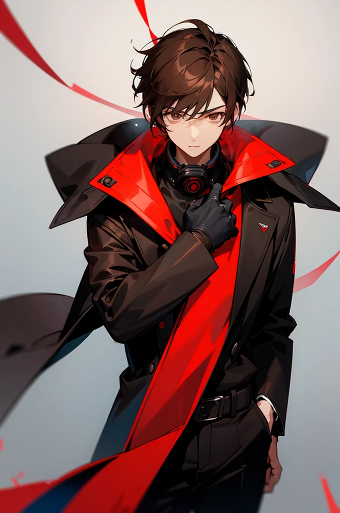 1 young man, short brown hair, dark brown eyes, red and black coat, black pants, headphones, upper body, cowboy shot