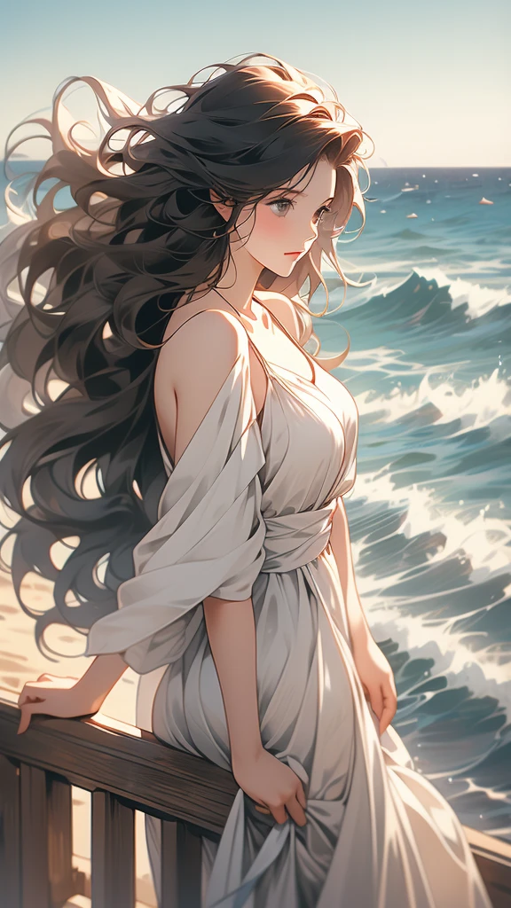 a woman leaning on rail near water with large ocean in background with waves hitting beach, ocean, multiple boys, long hair