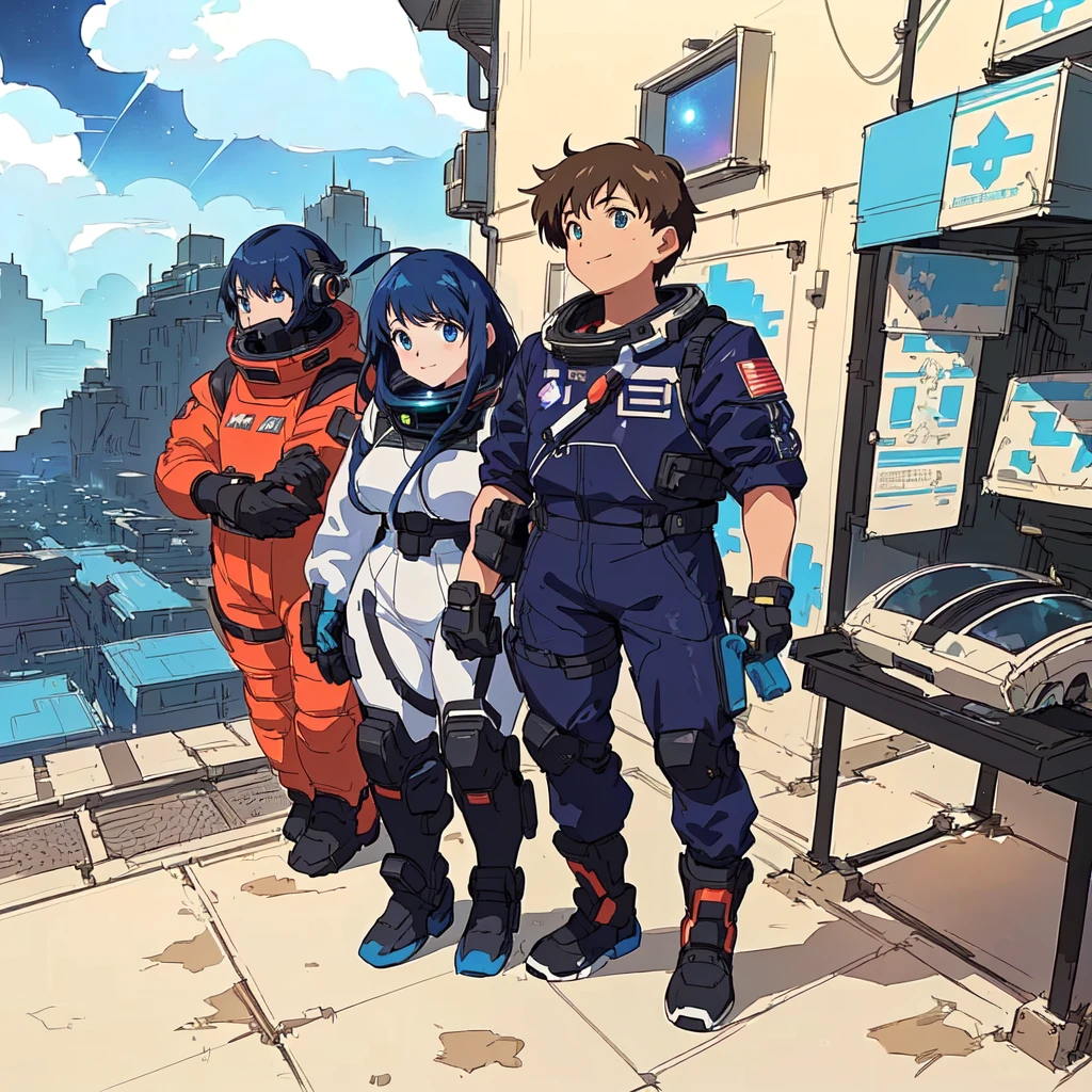 anime characters standing in front of a building with a view of a city, modern sci-fi anime, sci-fi anime, sci fi anime, portrait anime space cadet girl, planetes, sci-fi illustrations, sci - fi illustrations, in the art style of 8 0 s anime, space high school, makoto shinkai and bioware, wear spacesuits(masterpiece, best quality, ultra-detailed:1.3), 1girl, arms behind head, (smile:0.5) edgPetal, a woman wearing a black dress made of flower petals, wearing edgPetal, garden background, dimly lit BREAK (long blonde hair), mid parted hair