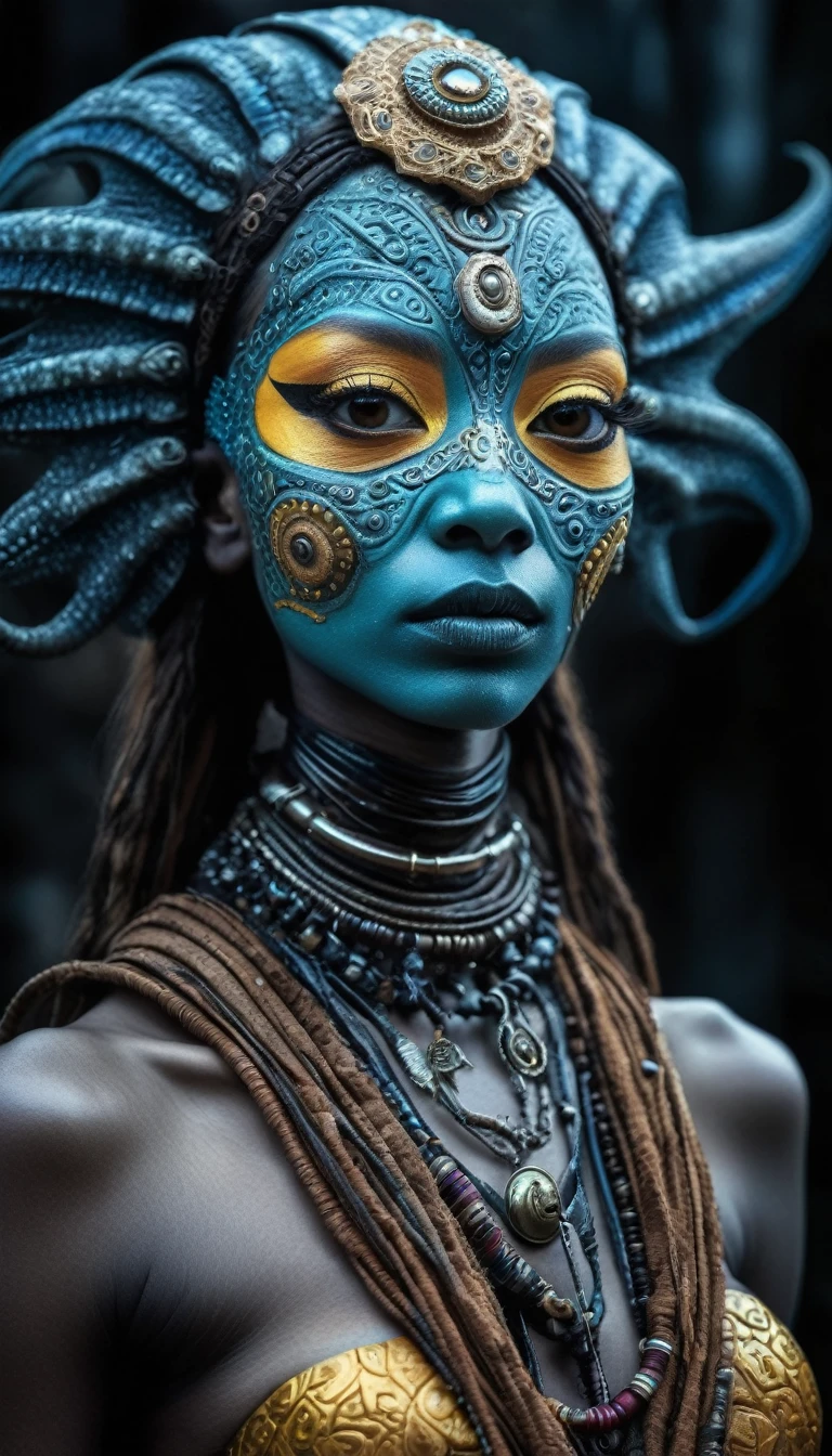 full body length shot,nerd graphite Alien Entity,native africa slave ,nowadays azctec central city,Cinematic,soft colors, Technicolor,natural skin textures, hyper realism, hyper detailed,Extremely detailed,High contrast,Masterpiece,Realistic,Ultra Detailed, intricate details,realistic humid leather,extremely intricate details,Epic Realistic, cinematic style, irina yermolova,high contrast,hdr,extremely detailed,masterpiece, intricate details, eyes extremely detailed, high detailed eyes,8k resolution,retina, Nikon Z9,Korea,orc,folk Egypt wear, Pisces, transition between two art styles, Double contact, X-ray, Creative, vivid light, fantasy, Abstract, Surrealism, super detailed, high resolution,insanity wear,skin almost translucent, symbols of mourning and gothic elements, further emphasizing its dark air,Mestichino,Light particles,chaos,starfish's leather,Raja Ampat of Indonesia