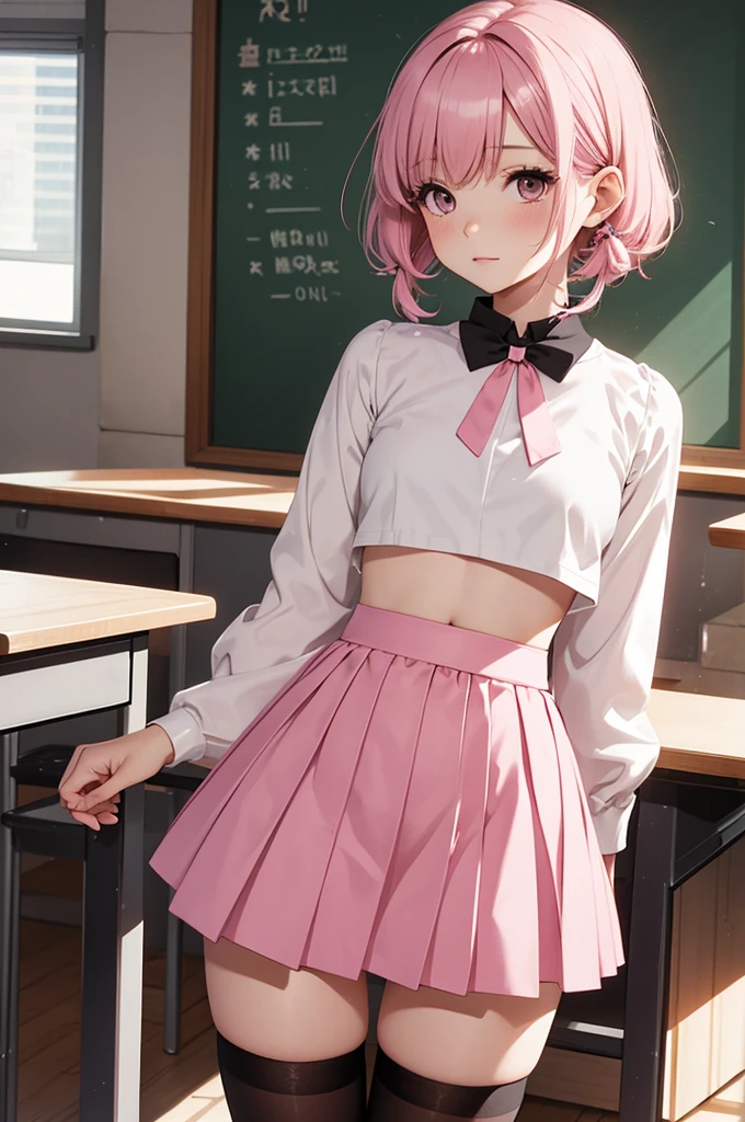 1 pretty woman, short pink hair with pigtails, small waist, skinny, small crop top, cotton skirt, young ‎Classroom,PH Momo, momohd, phmomo, , black thighhighs,, 