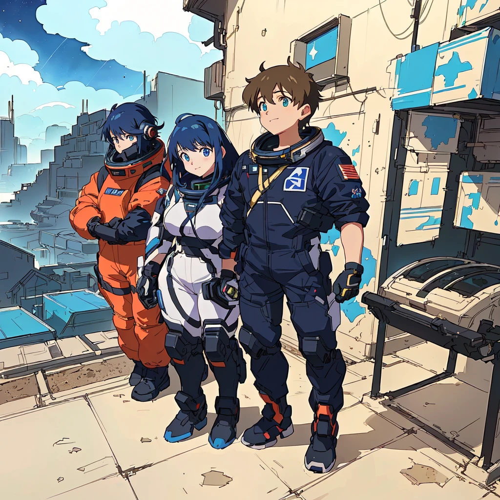 anime characters standing in front of a building with a view of a city, modern sci-fi anime, sci-fi anime, sci fi anime, portrait anime space cadet girl, planetes, sci-fi illustrations, sci - fi illustrations, in the art style of 8 0 s anime, space high school, makoto shinkai and bioware, wear spacesuits(masterpiece, best quality, ultra-detailed:1.3), 1girl, arms behind head, (smile:0.5) edgPetal, a woman wearing a black dress made of flower petals, wearing edgPetal, garden background, dimly lit BREAK (long blonde hair), mid parted hair