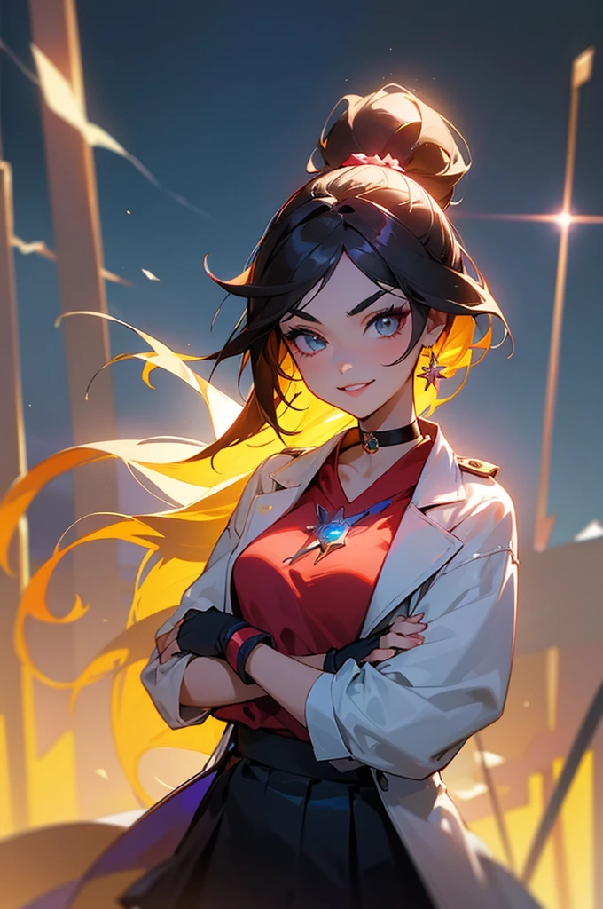 (best quality:1.2),solo,1girl,mdrin,smile,looking at viewer,crossed arms,ponytail,v-shaped eyebrows,white jacket,red shirt,fingerless gloves,black skirt,choker,illustration,detailed background,soft lighting,vibrant colors,fantasy style,blurred foreground,flower garden,subtle shadows,daytime ambiance,lens flare,expressive eyes,lively atmosphere,joyful expression,impeccable makeup,glossy lips,twinkling eyes,sunlit scene,whimsical feeling, ultra long hair