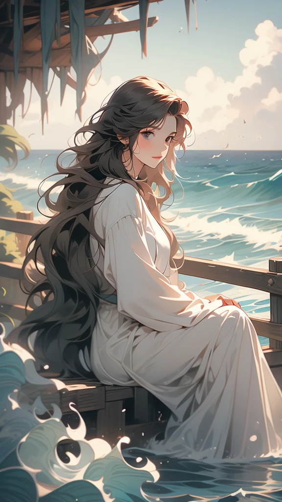 a woman is sitting on a fence watching the ocean waves on a cloudy day, ocean, multiple boys, long hair