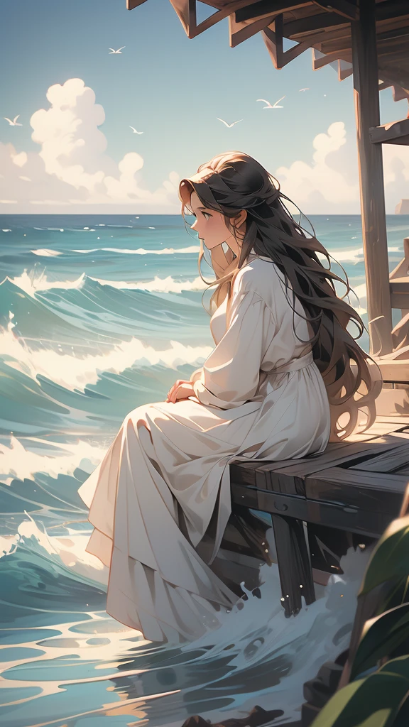 a woman is sitting on a fence watching the ocean waves on a cloudy day, ocean, multiple boys, long hair