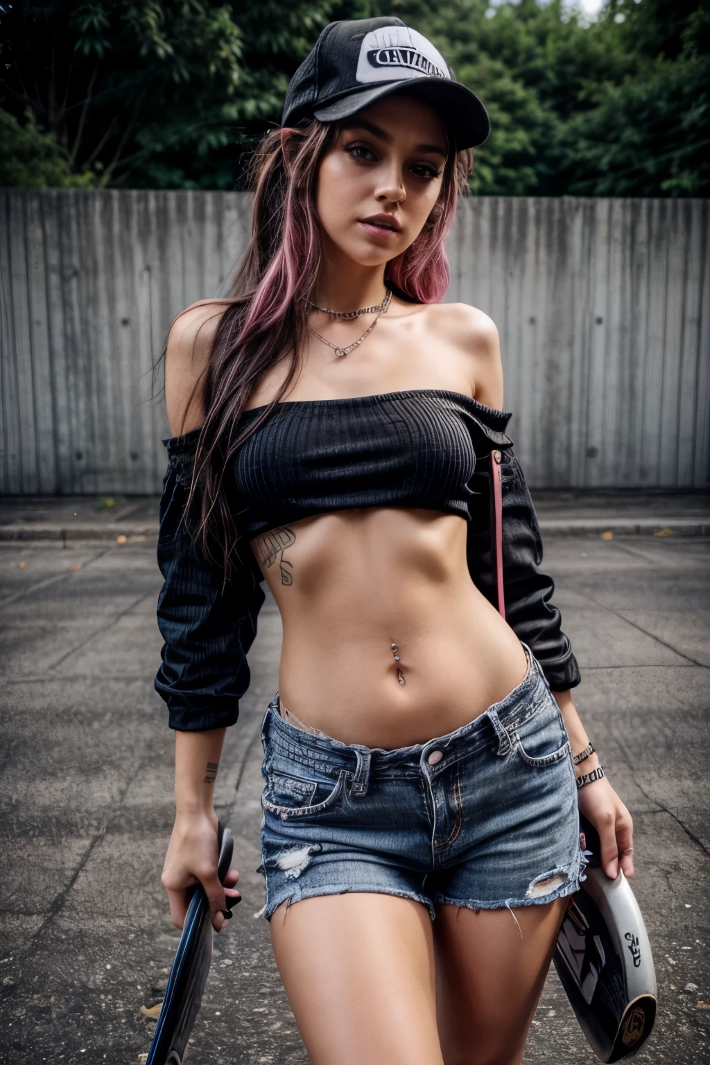 gorgeous girl in her 20's, dressed up as a skater girl, black and pink striped off the shoulder top, belly button exposed, belly ring, tight low jeans, converse sneakers, holding a black skateboard, wavy long brunette hair, early 2000's vibe, punk rock vibes, black snapback hat wearing backwards