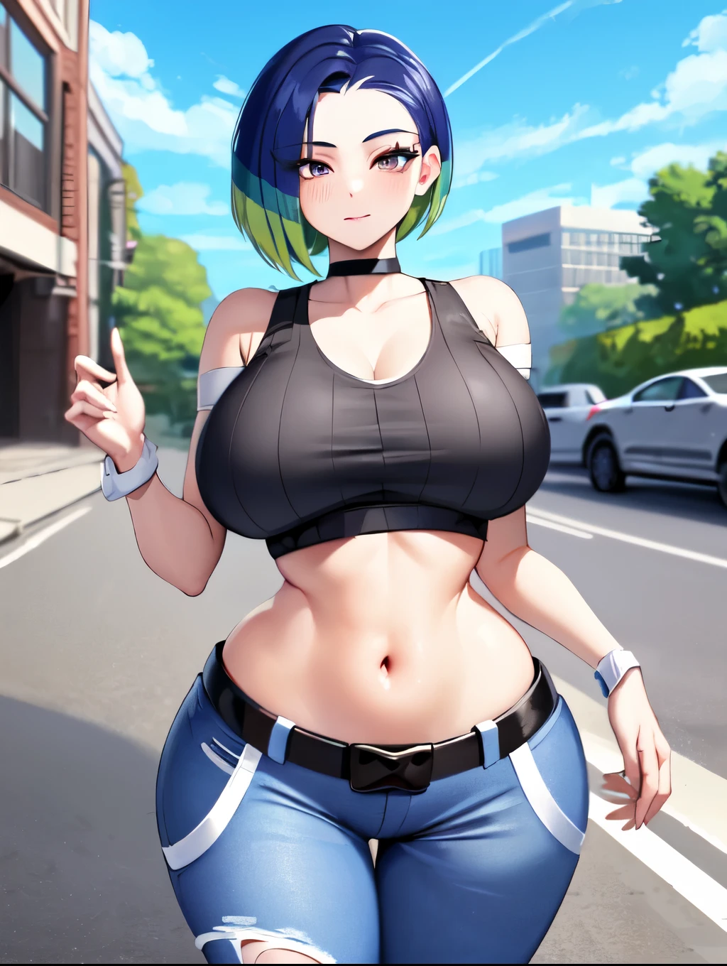 (masterpiece, best quality:1.2), highres, solo, 1girl, perrin, walking, crop top, pants, choker, belt, midriff, city street, cowboy shot, large breasts, thick thighs, huge ass, skindentation, outdoors