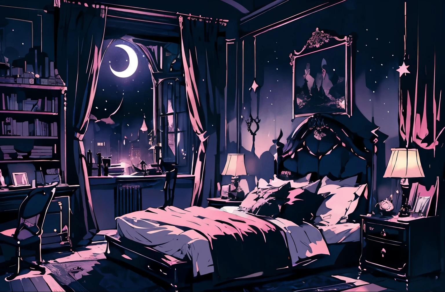 background、highest quality、detailed、gothic atmosphere、Room illustration、、Illustration in black and pink tones、spacious room、night、深night、Beautiful night sky from the window、lace curtains、Gothic bed、one chandelier、Gothic furniture、bookshelf、Plush rug、There are no living things、wide range composition、Deformed illustration、dark atmosphere、Silence of the night、starry sky、crescent moon、Crescent Moon and Star Lights、Nobody is here