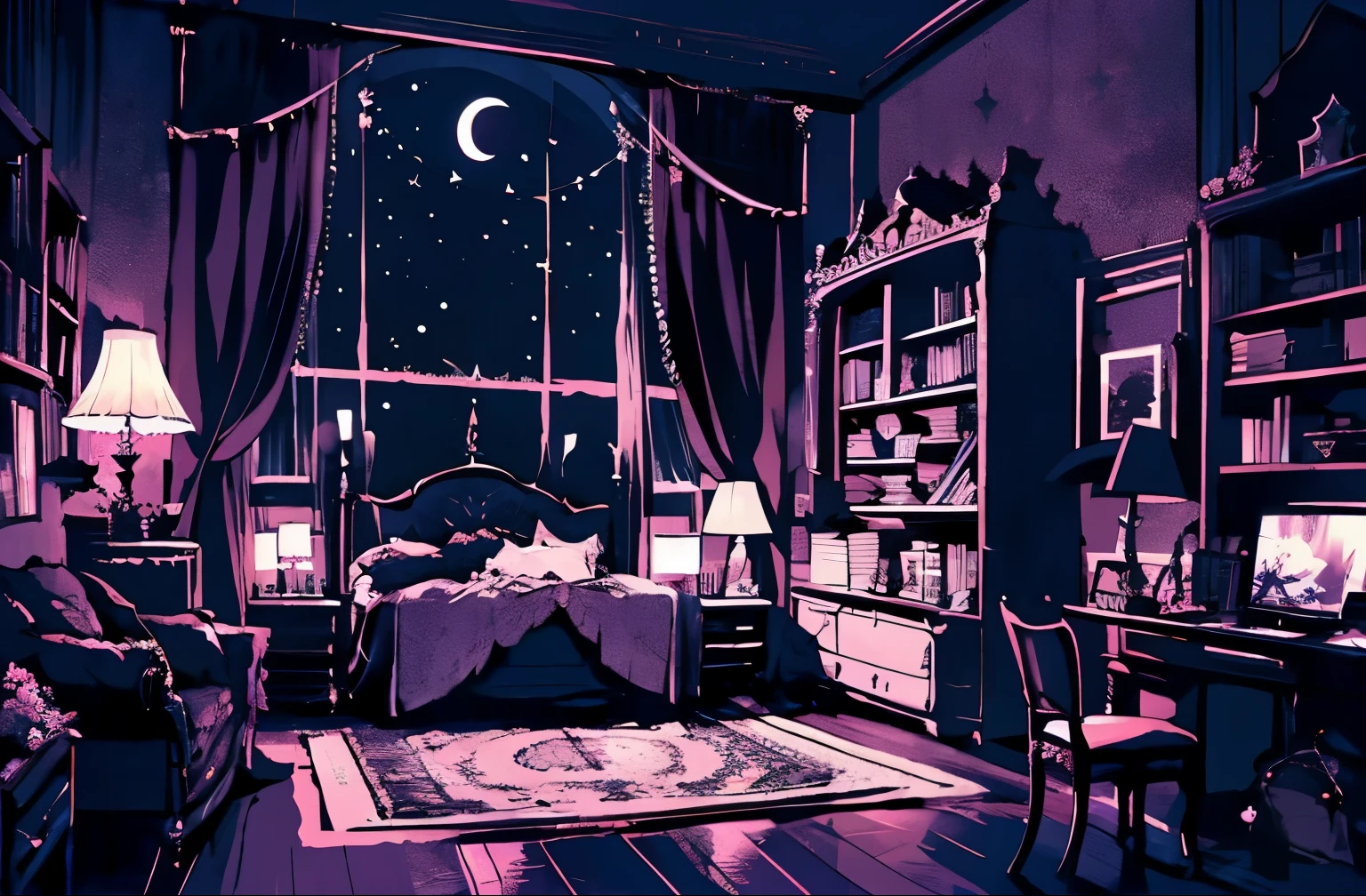 background、highest quality、detailed、gothic atmosphere、Room illustration、、Illustration in black and pink tones、spacious room、night、深night、Beautiful night sky from the window、lace curtains、Gothic bed、one chandelier、Gothic furniture、bookshelf、Plush rug、There are no living things、wide range composition、Deformed illustration、dark atmosphere、Silence of the night、starry sky、crescent moon、Crescent Moon and Star Lights、Nobody is here