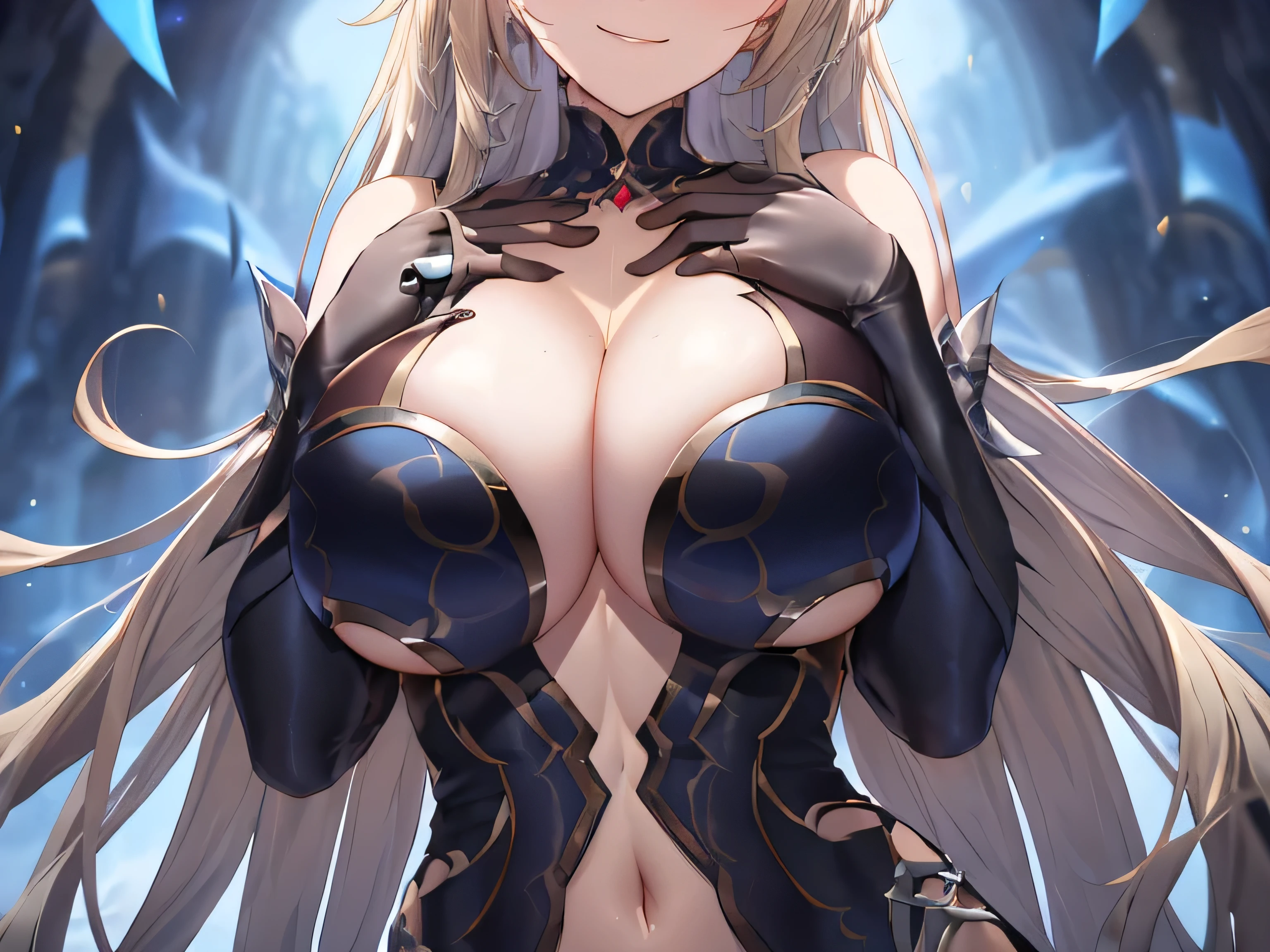 black swan, hair between eyes, long hair, (red eyes:1.1),evil smile,long hair, blonde hair,arm belt, bare shoulders,((cleavage)),((black silk covered navel)), dress, elbow gloves, gloves,((hands covered breasts)),((large breasts: 1.5)), glistening breasts, solo, 1girl,