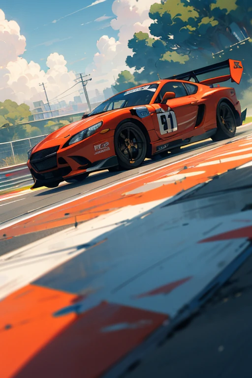 ((best quality)), ((masterpiece)), (detailed), view from hill looking trought city, sky as the background, background, city as backround, no character, scenery. alot of cars, traffic, road, ground perspective, looking at the back of a red racing car, in the middle as a vocal point. mood, vibe, afternoon, happy, warm tone. wide road, very wide road. Cars, alot of cars, alot of racing cars.