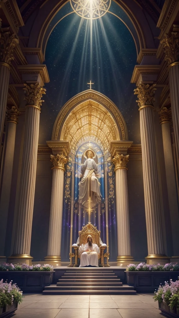 Create a Disney-style 3D animated illustration of the Eternal Kingdom of Jesus, based on the Bible. Depict a magnificent and serene heavenly realm with Jesus seated on a glorious throne, surrounded by a diverse multitude of people from all nations, worshiping and celebrating. Show the kingdom as a place of peace and splendor, with golden streets, lush gardens, and radiant light emanating from the throne. Include angelic figures and ethereal elements to enhance the divine and eternal nature of the scene. Use vibrant, uplifting colors and soft, heavenly lighting effects to convey the majesty, harmony, and everlasting joy of Jesus' eternal reign.