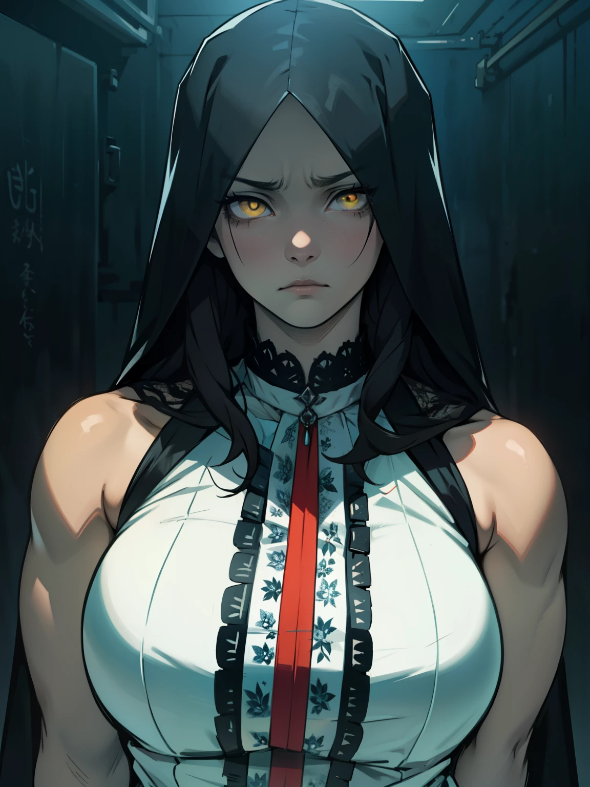 expressionless sad sad girl dark atmosphere veil black hair yellow eyes pale skin muscular girl massive breasts traditional clothes lace fabric muscular toned body gloomy