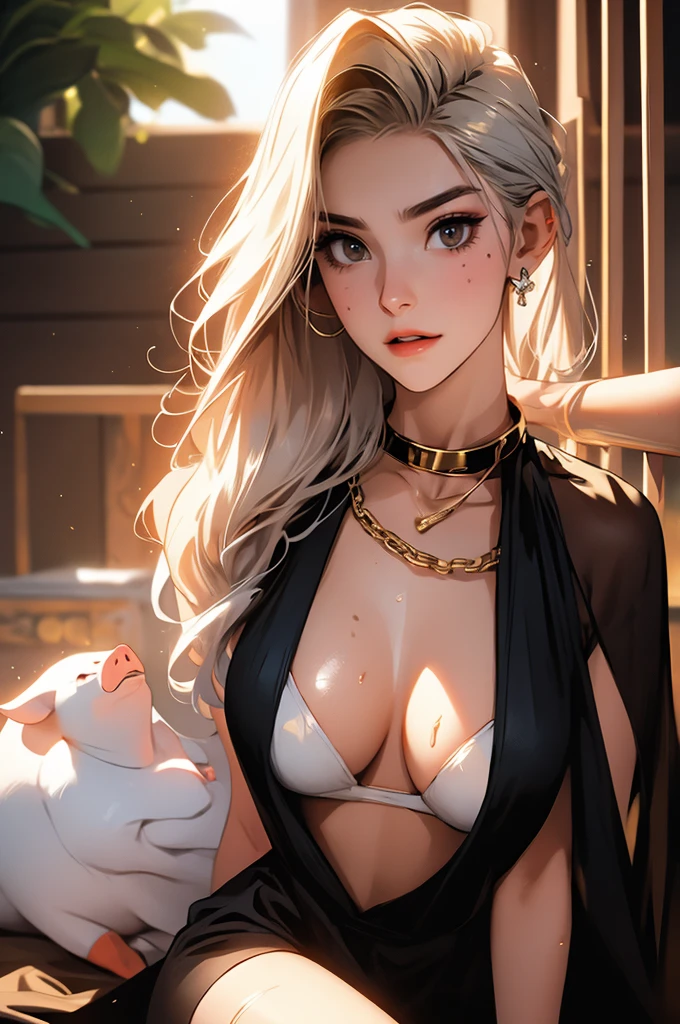 (lifelike, high - resolution:1.3), 1 girl with a perfect body,slender body, Super fine face and eyes,assasin, dark makeup, shiny skin,white hair, (surrounded by monster, pig man), demons, beautiful captured girl, horror, dark, sexy, rough, , bdsm, golden chains, (golden leash), collar, beautiful bodies, slim, horror style, highly detailed faces, red silk underware, stockings, leather tight boots, closeup, (orc groping girl, gangbang), ((covered in cum))