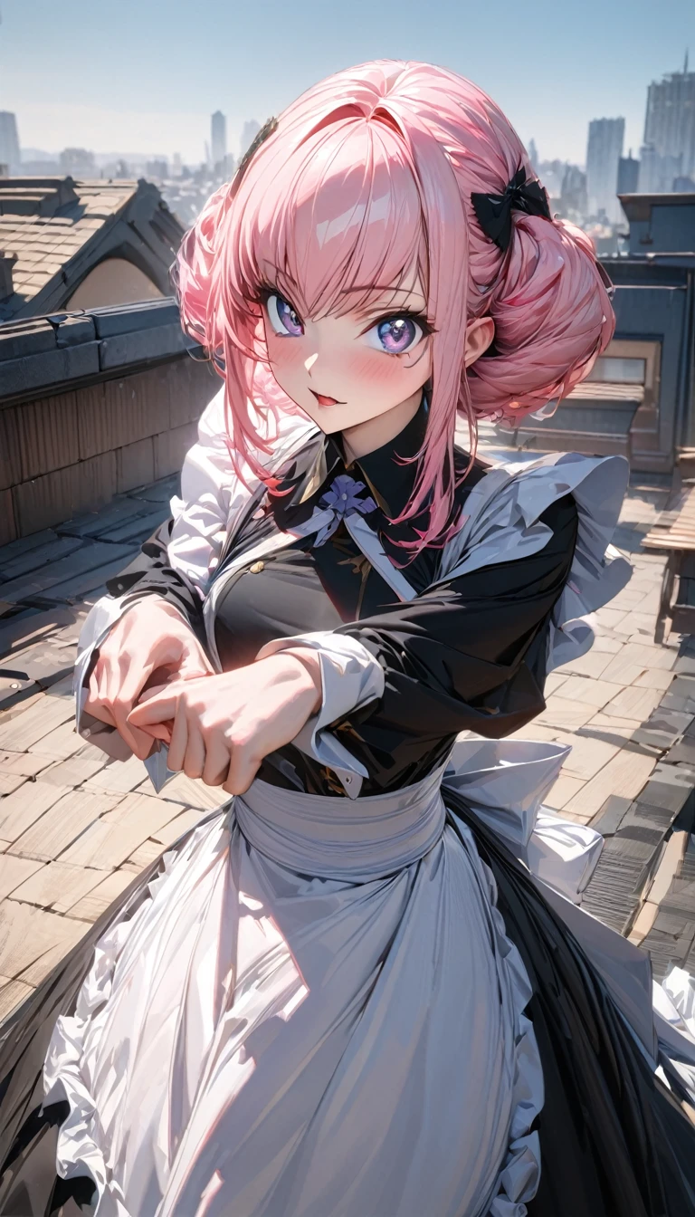 One person, woman, Ultra-high resolution, 超detailed, Highest quality, 8k,((Highest quality)), ((masterpiece)), (detailed)，Face direction(front)，Hair Color(Bright pale pink,Fine hair quality), Hairstyle(Well-organized), background(Rooftop,)，eye(きれいなeye元), clothing(Maid)，expression(Exquisite features depicting a perfect face)，Body Type(model,Glamorous)，Perfect hands，完璧なwoman像, Dramatic Shadows, Japanese, Cute pose, Anime characters,Code Geass , 