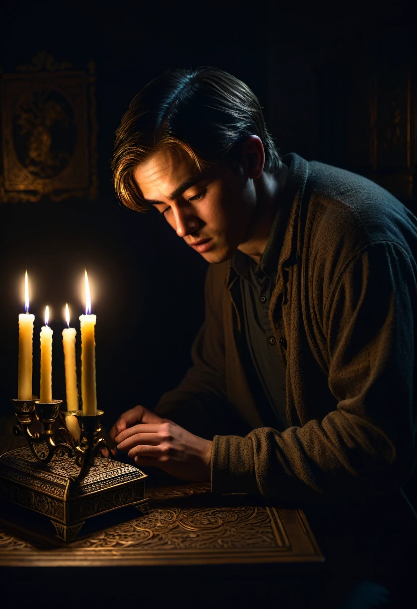 a young adult hunched over a table in a dark room,lit by flickering candles,examining a mysterious box in his hands,highly detailed,photorealistic,dramatic lighting,chiaroscuro,moody atmosphere,intricate details,cinematic composition,intricate shadows,realistic textures,subdued color palette,dramatic contrast