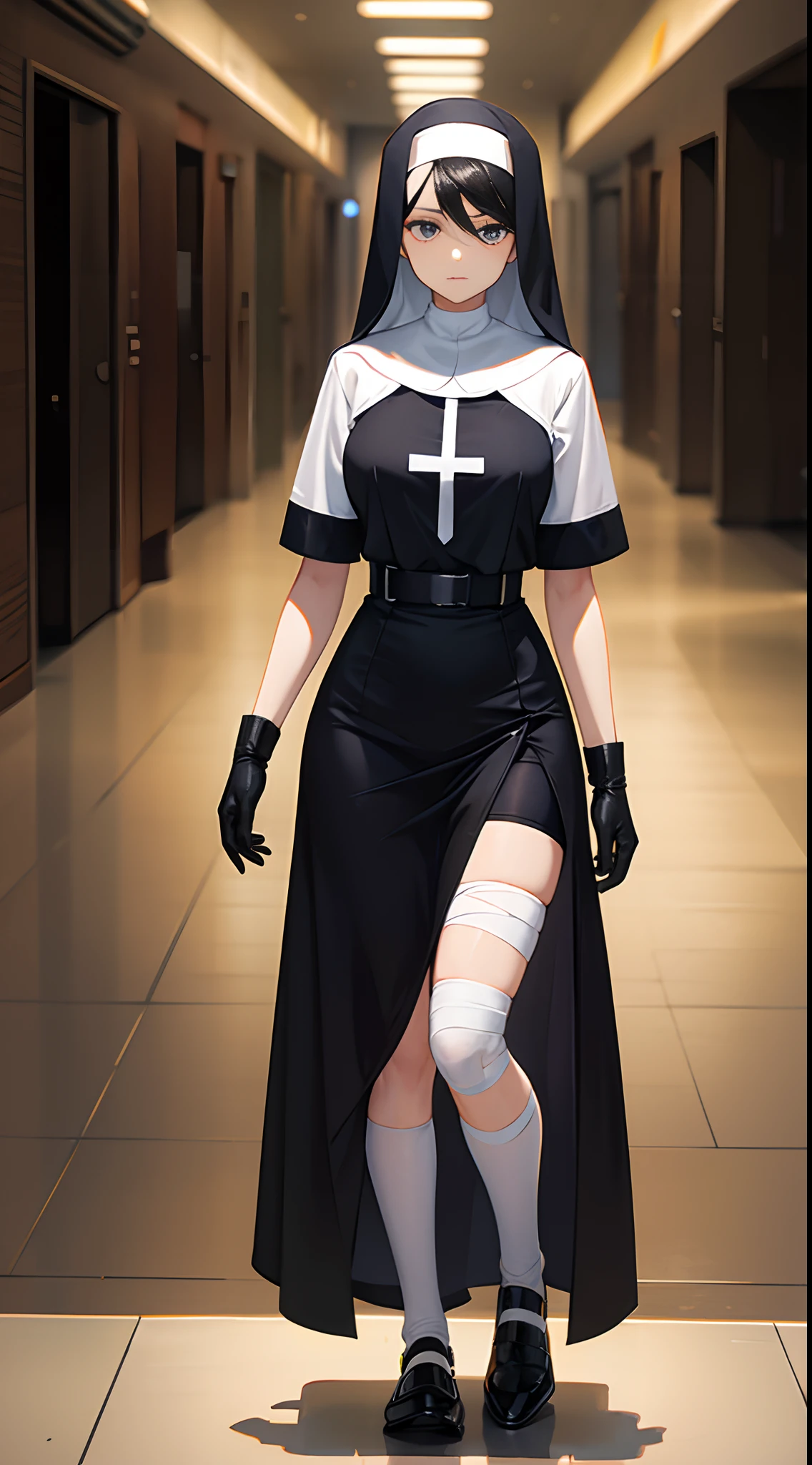 There are bandages on the legs，lewd nun，teens girl，Full body like，Black hair,stand posture