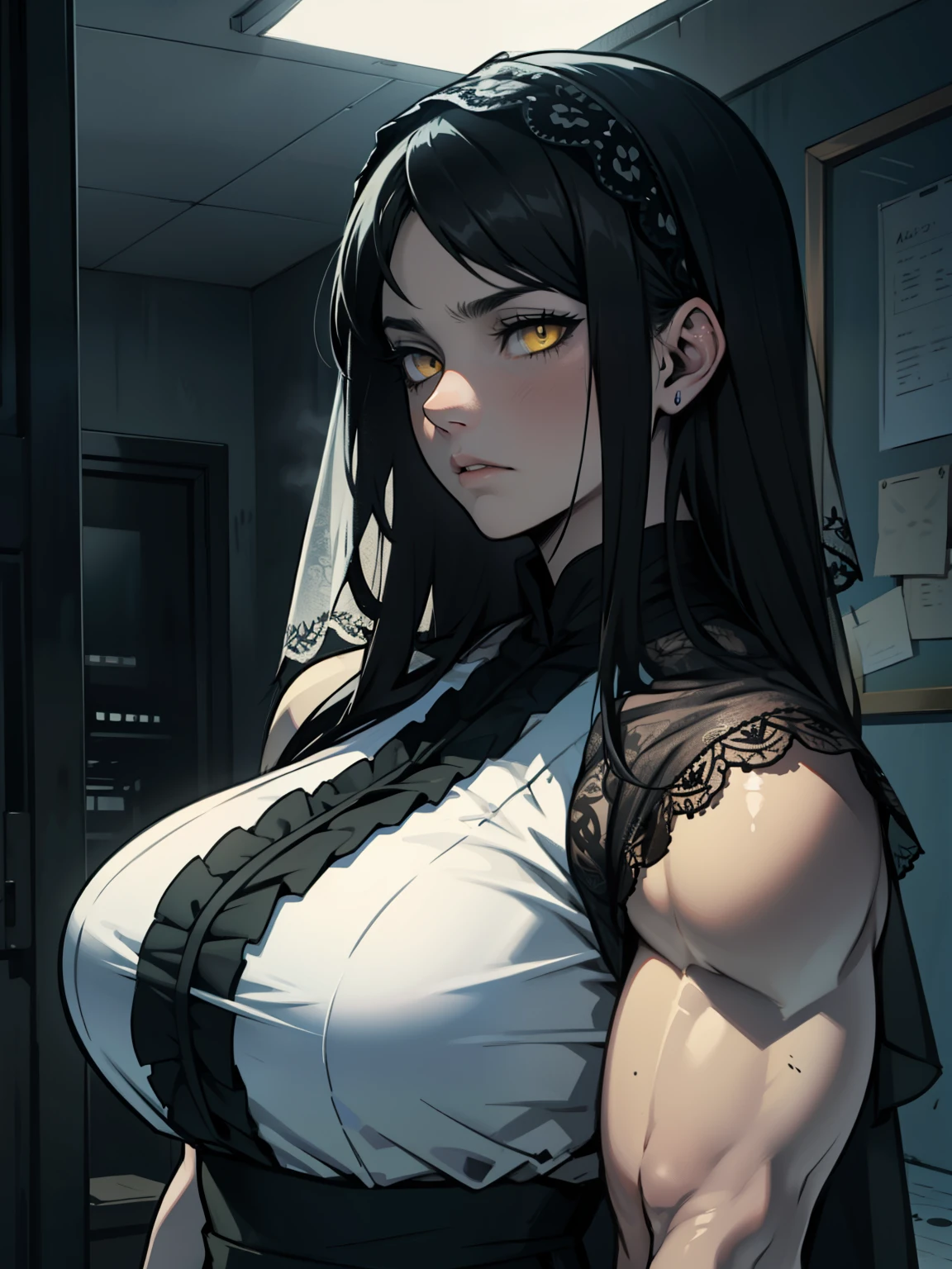 expressionless sad sad girl dark atmosphere veil black hair yellow eyes pale skin muscular girl massive breasts traditional clothes lace fabric muscular toned body gloomy