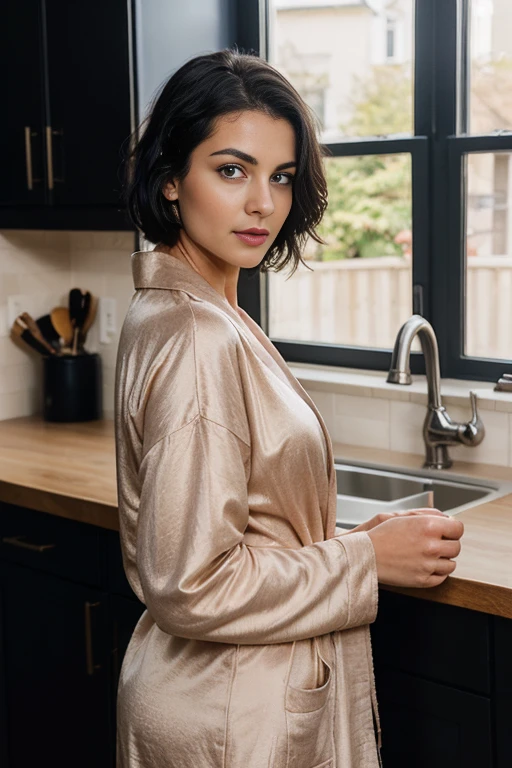 adult woman, detailed short messy black hair, mid shot, solo, very dark tan supermodel, beautiful face, blue eyes, detailed body, perfect eyes, perfect face, daytime lighting, detailed shadows, HDR, photoreal, well lit,selfie in dressin gown in the kitchen