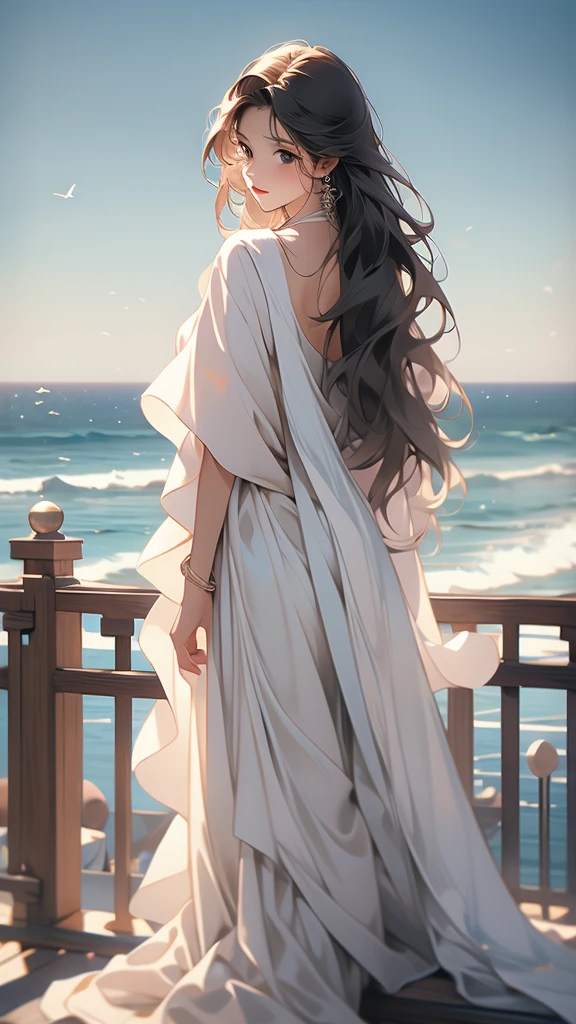 woman standing on the railing over water with a blanket on her lap, ocean, multiple boys, long hair