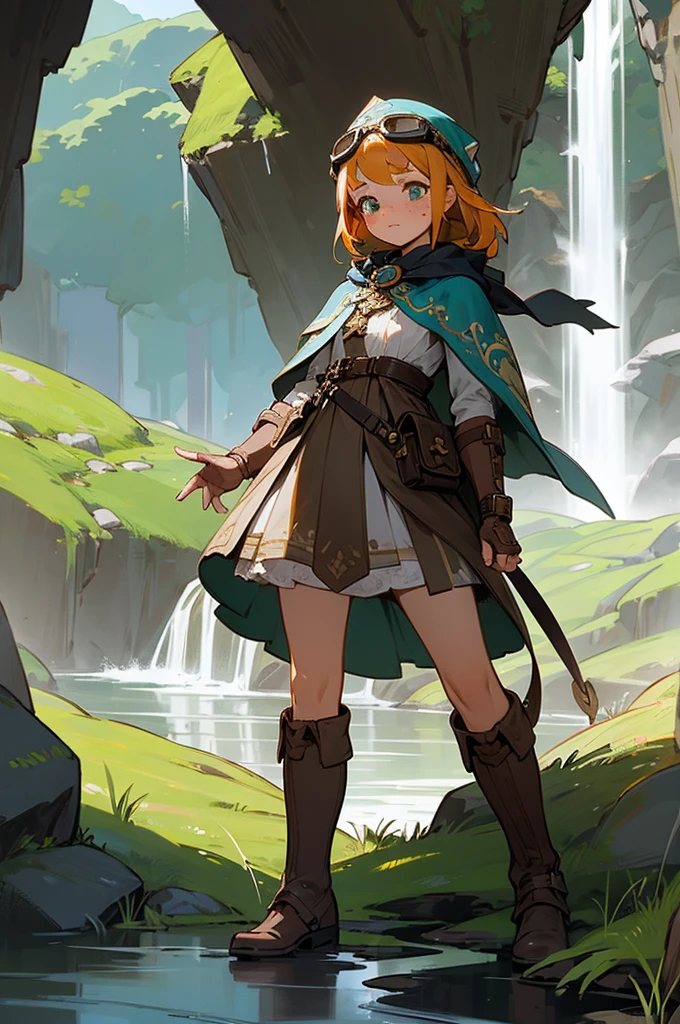 (masterpiece, best quality), intricate details, 1girl, mhwhandler, freckles, goggles on head, capelet, boots, fingerless gloves, adventurer, underground, waterfall, grass, cavern,
