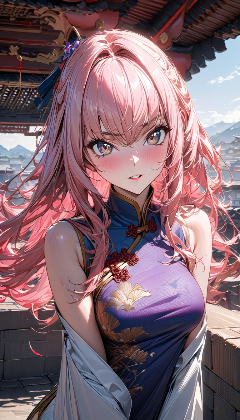 One person, woman, Ultra-high resolution, 超detailed, Highest quality, 8k,((Highest quality)), ((masterpiece)), (detailed),Face direction(front),Hair Color(Bright pale pink,Fine hair quality), Hairstyle(Well-organized), background(Rooftop,),eye(きれいなeye元), clothing(Chinese clothing),expression(Exquisite features depicting a perfect face),Body Type(model,Glamorous),Perfect hands,完璧なwoman像, Dramatic Shadows, Japanese, Cute pose, Anime characters,Code Geass ,