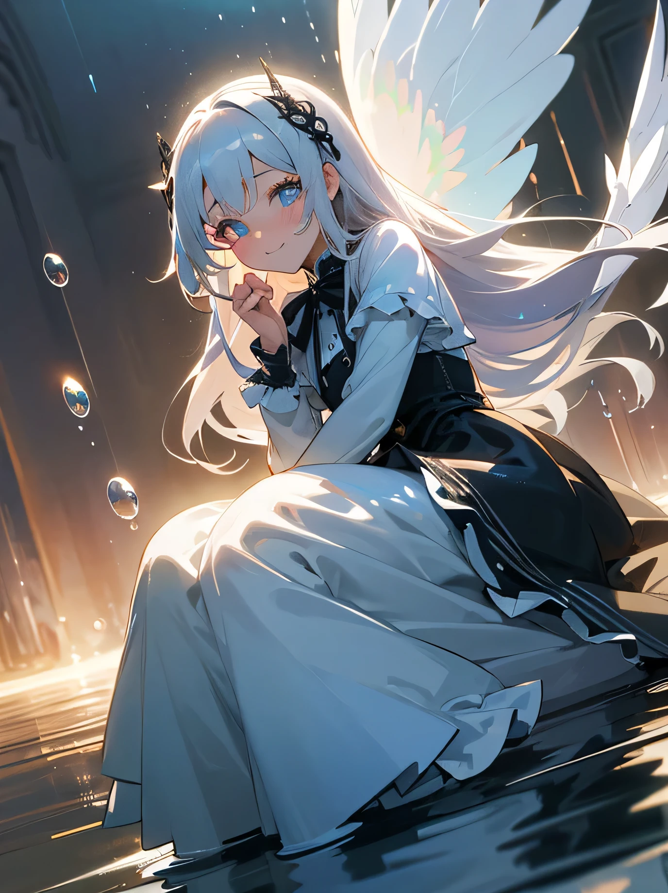 kawaii, anime, Cute, hyper quality, highly detailed, 8k, Clarity, Draw facial expressions in detail, long silver hair woman, mysterious, Beautiful eyes, highlight on eyes, smile, clarify shadows, Feathers dance, full of light, wink, Make the background stand out, draw the whole body, light pours from heaven, magic, sitting, gothic lolita clothing, Clarify the contrast between light and shadow, divine, lady, strengthen contrast, pull point, water drop, Draw water droplets realistically, Soap bubble, shining in rainbow colors, Uplifting, eye color is blue, 	