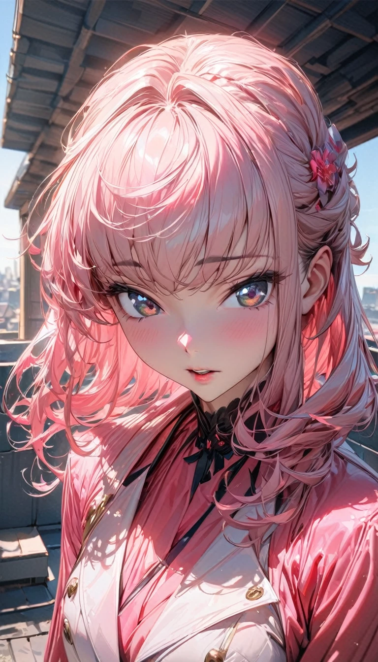 One person, woman, Ultra-high resolution, 超detailed, Highest quality, 8k,((Highest quality)), ((masterpiece)), (detailed)，Face direction(front)，Hair Color(Bright pale pink,Fine hair quality), Hairstyle(Well-organized), background(Rooftop,)，eye(きれいなeye元), clothing(high school girl)，expression(Exquisite features depicting a perfect face)，Body Type(model,Glamorous)，Perfect hands，完璧なwoman像, Dramatic Shadows, Japanese, Cute pose, Anime characters,Code Geass , 