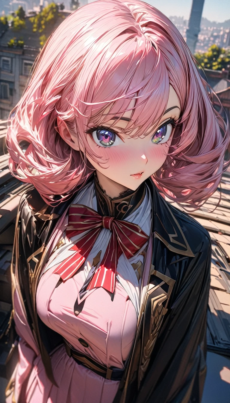 One person, woman, Ultra-high resolution, 超detailed, Highest quality, 8k,((Highest quality)), ((masterpiece)), (detailed),Face direction(front),Hair Color(Bright pale pink,Fine hair quality), Hairstyle(Well-organized), background(Rooftop,),eye(きれいなeye元), clothing(high school girl),expression(Exquisite features depicting a perfect face),Body Type(model,Glamorous),Perfect hands,完璧なwoman像, Dramatic Shadows, Japanese, Cute pose, Anime characters,Code Geass ,