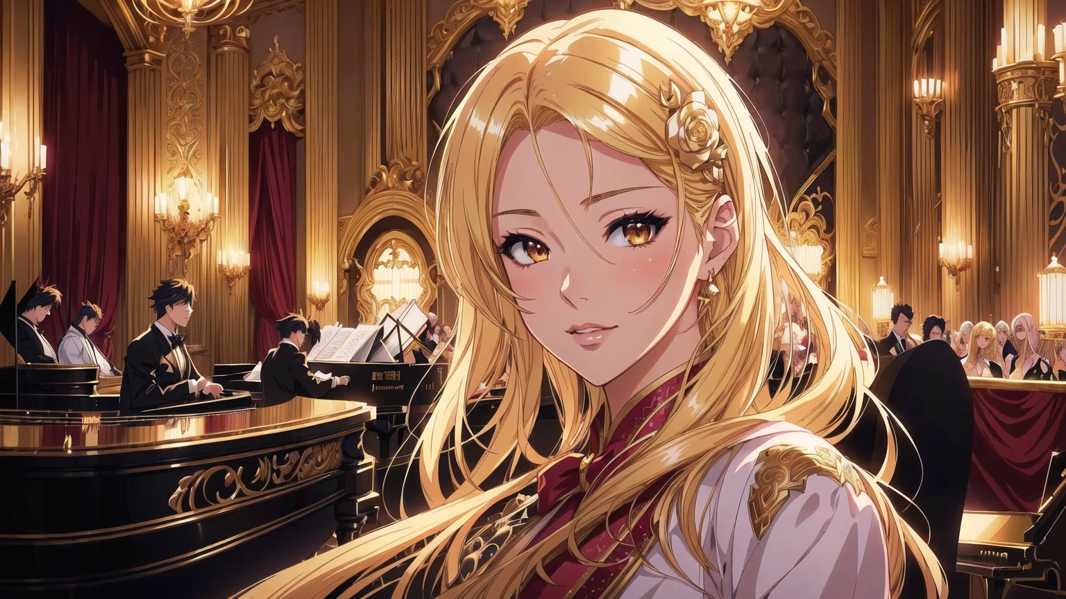 blonde woman at a masquerade ball with a piano in a ballroom, artgerm. anime illustration, artgerm on artstation pixiv, stunning anime face portrait, Exquisite digital illustration, stunning digital illustration, detailed anime digital art, valentine shuffle, a beautiful art illustration, extremely detailed artgerm, detailed key anime art, offcial art, artgerm style
