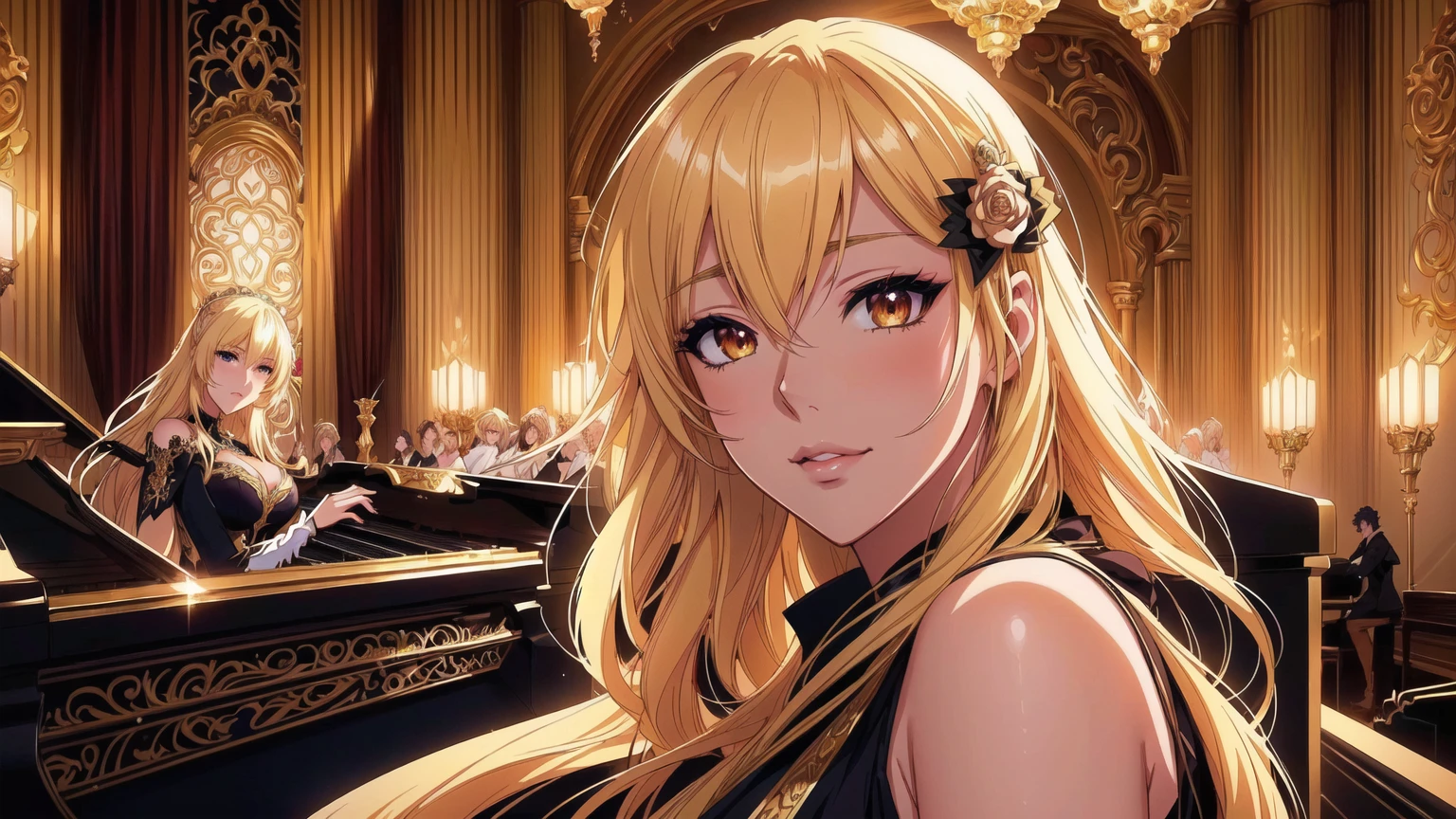 blonde woman at a masquerade ball with a piano in a ballroom, artgerm. anime illustration, artgerm on artstation pixiv, stunning anime face portrait, Exquisite digital illustration, stunning digital illustration, detailed anime digital art, valentine shuffle, a beautiful art illustration, extremely detailed artgerm, detailed key anime art, offcial art, artgerm style