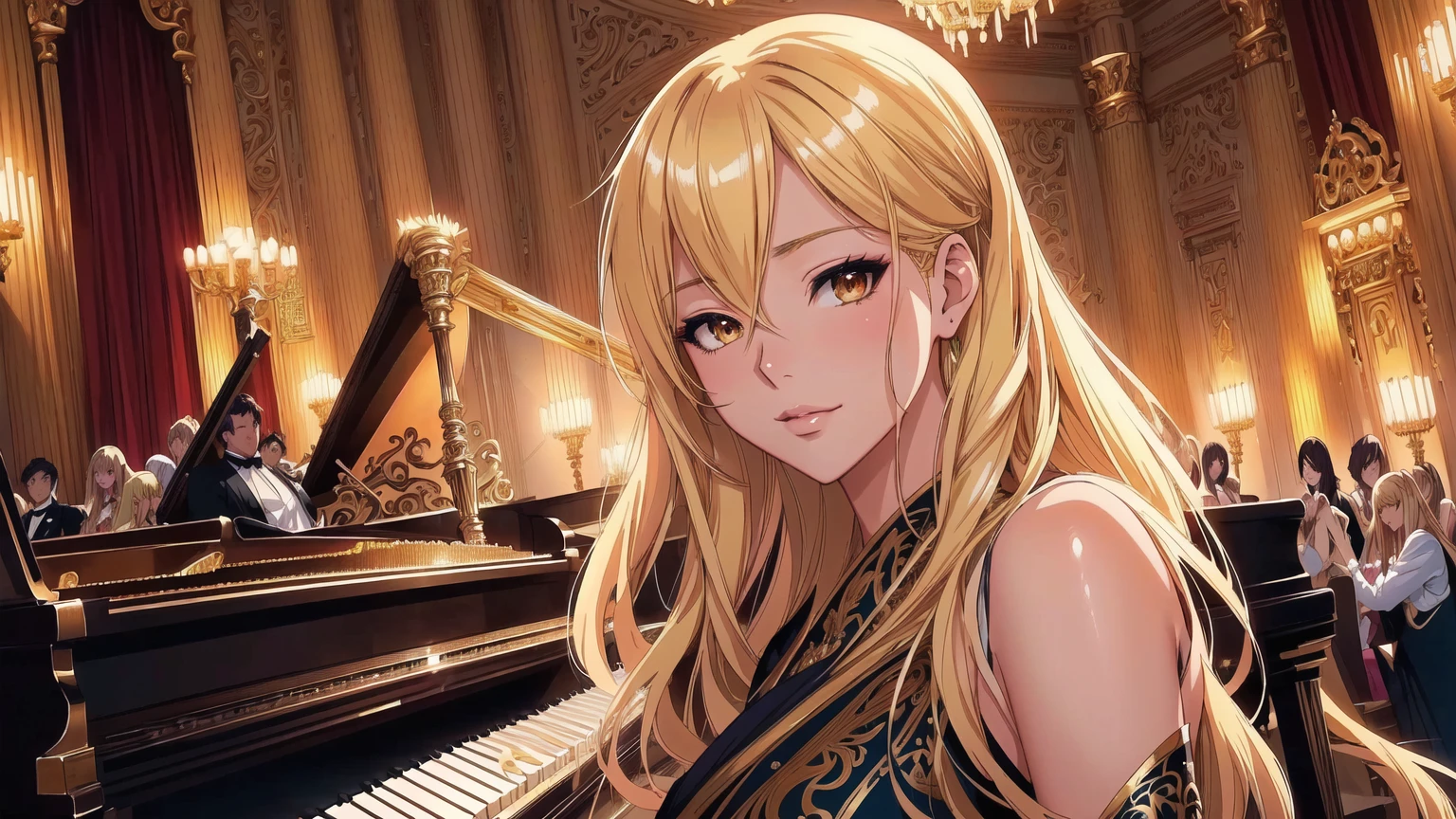 blonde woman at a masquerade ball with a piano in a ballroom, artgerm. anime illustration, artgerm on artstation pixiv, stunning anime face portrait, Exquisite digital illustration, stunning digital illustration, detailed anime digital art, valentine shuffle, a beautiful art illustration, extremely detailed artgerm, detailed key anime art, offcial art, artgerm style