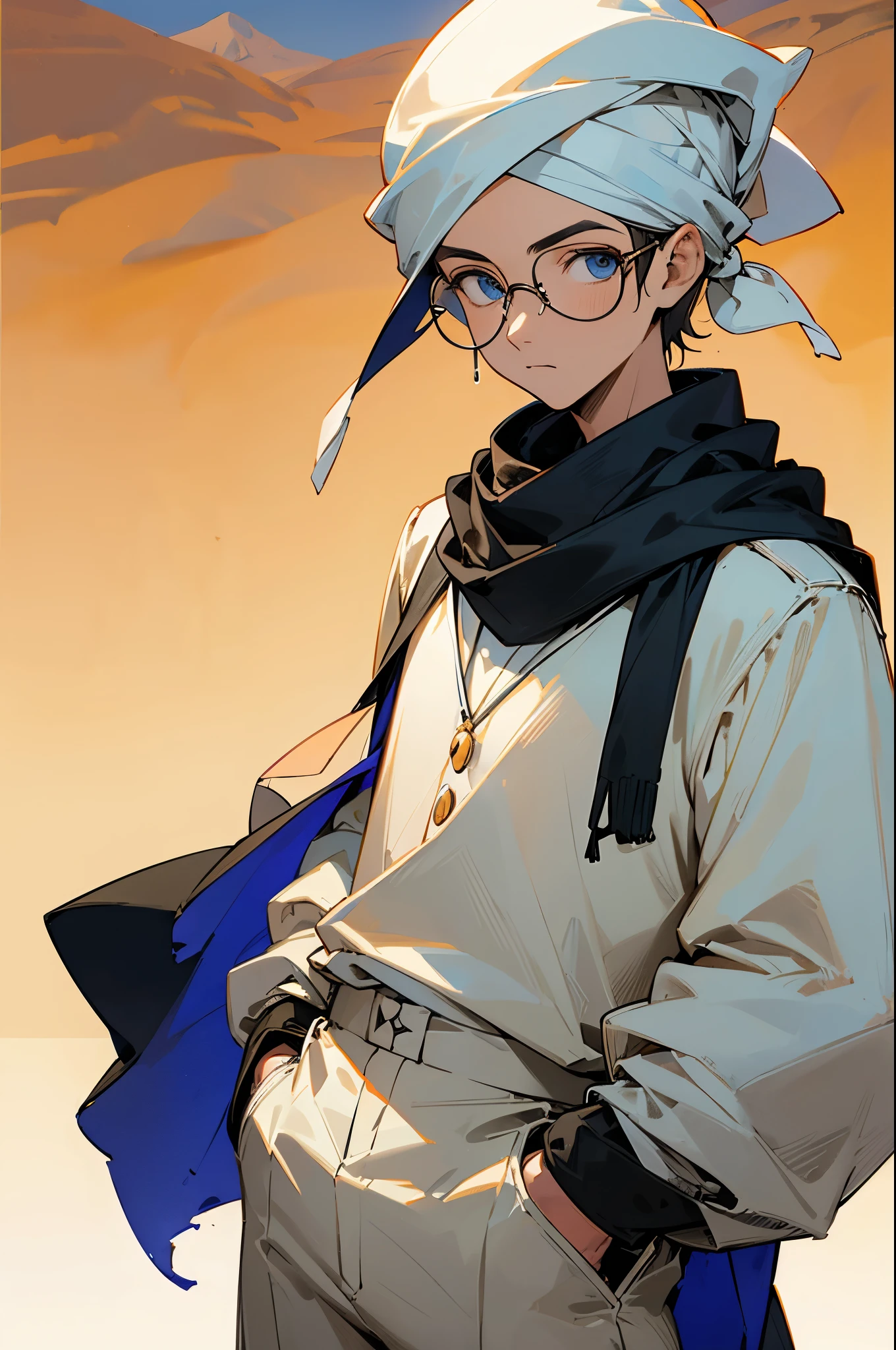 desert town, young man, glasses, black scarf, white turban, white puffy pants,upper body, cowboy shot, arms in pockets, blue eyes