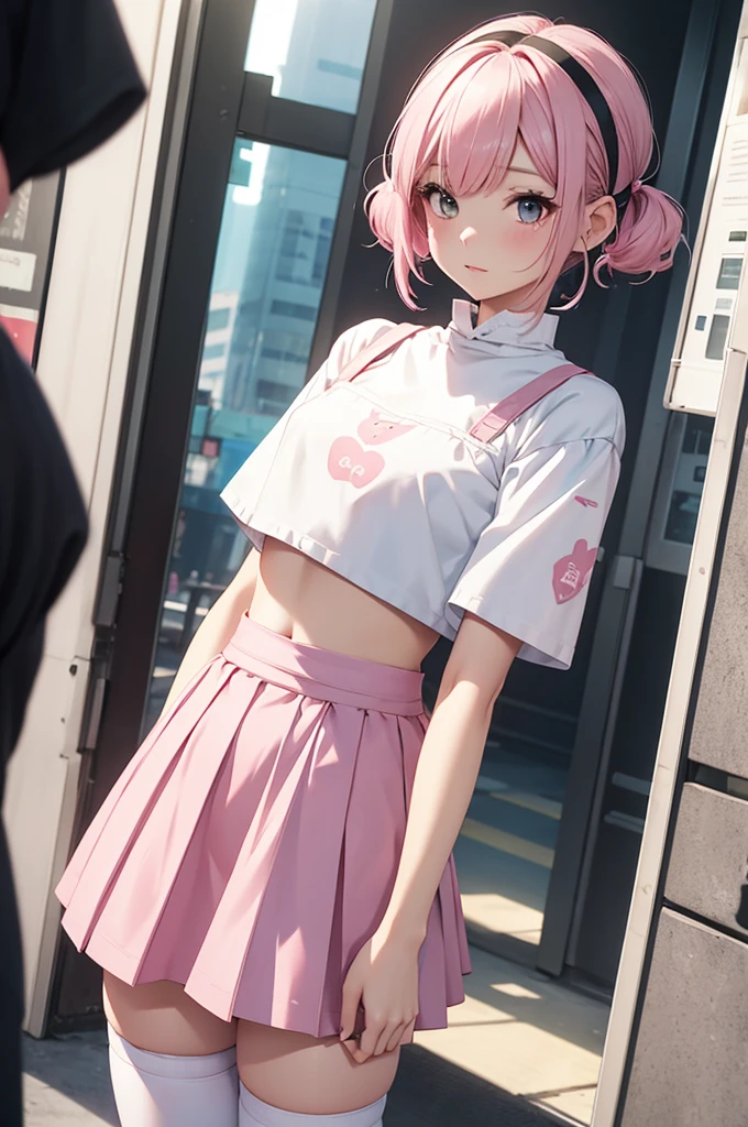 1 pretty woman, short pink hair with pigtails, small waist, skinny, small crop top, cotton skirt, young city, Shibuya,PH Momo, momohd, phmomo, , black thighhighs,,